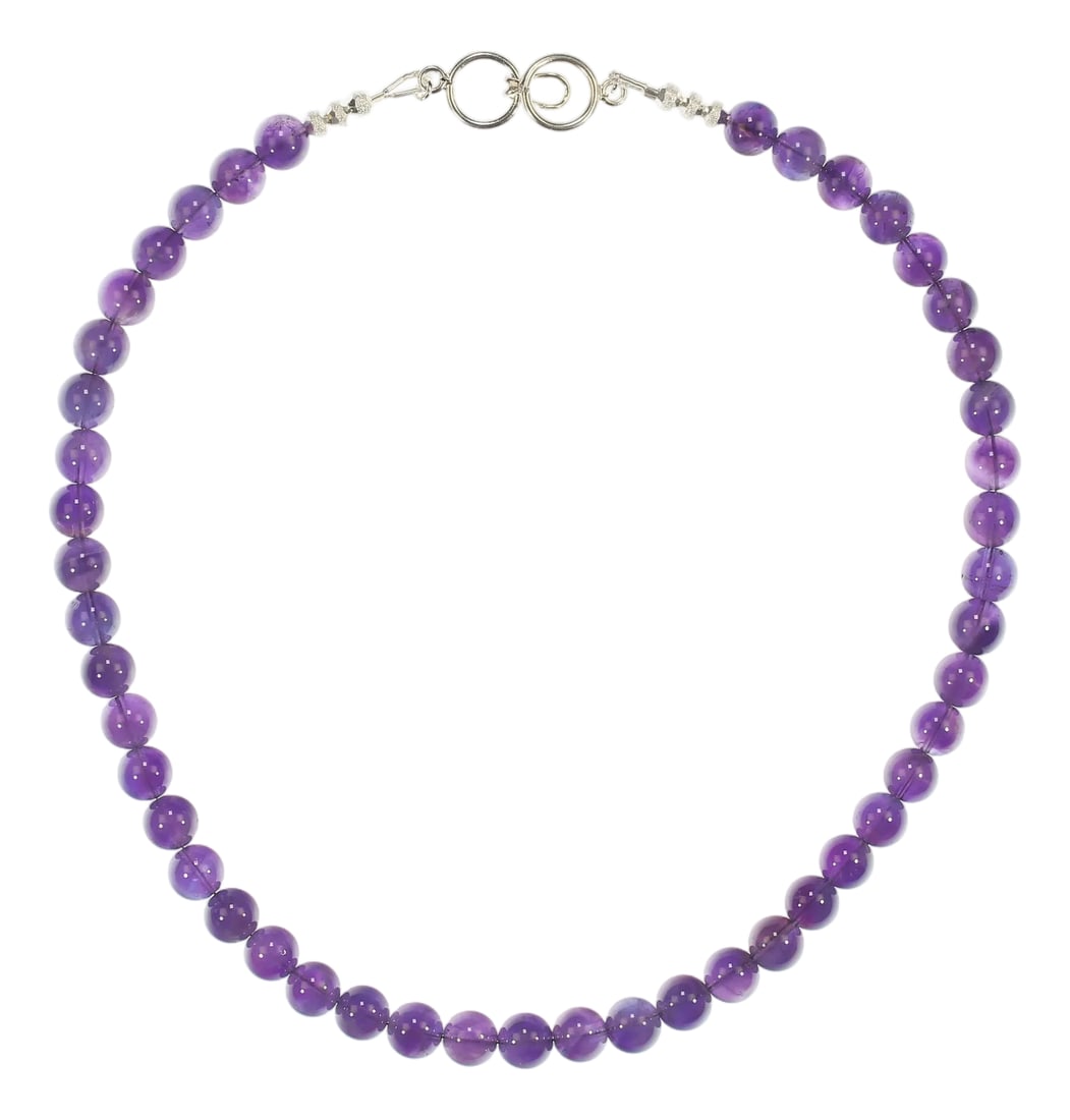 Ajd 17 Inch Amethyst Translucent 8 MM February Birthstone: A 17"‘inch amethyst necklace like this deserves a description that truly captures its elegance and charm. This piece features highly polished 8mm smooth amethyst beads, each one selected for
