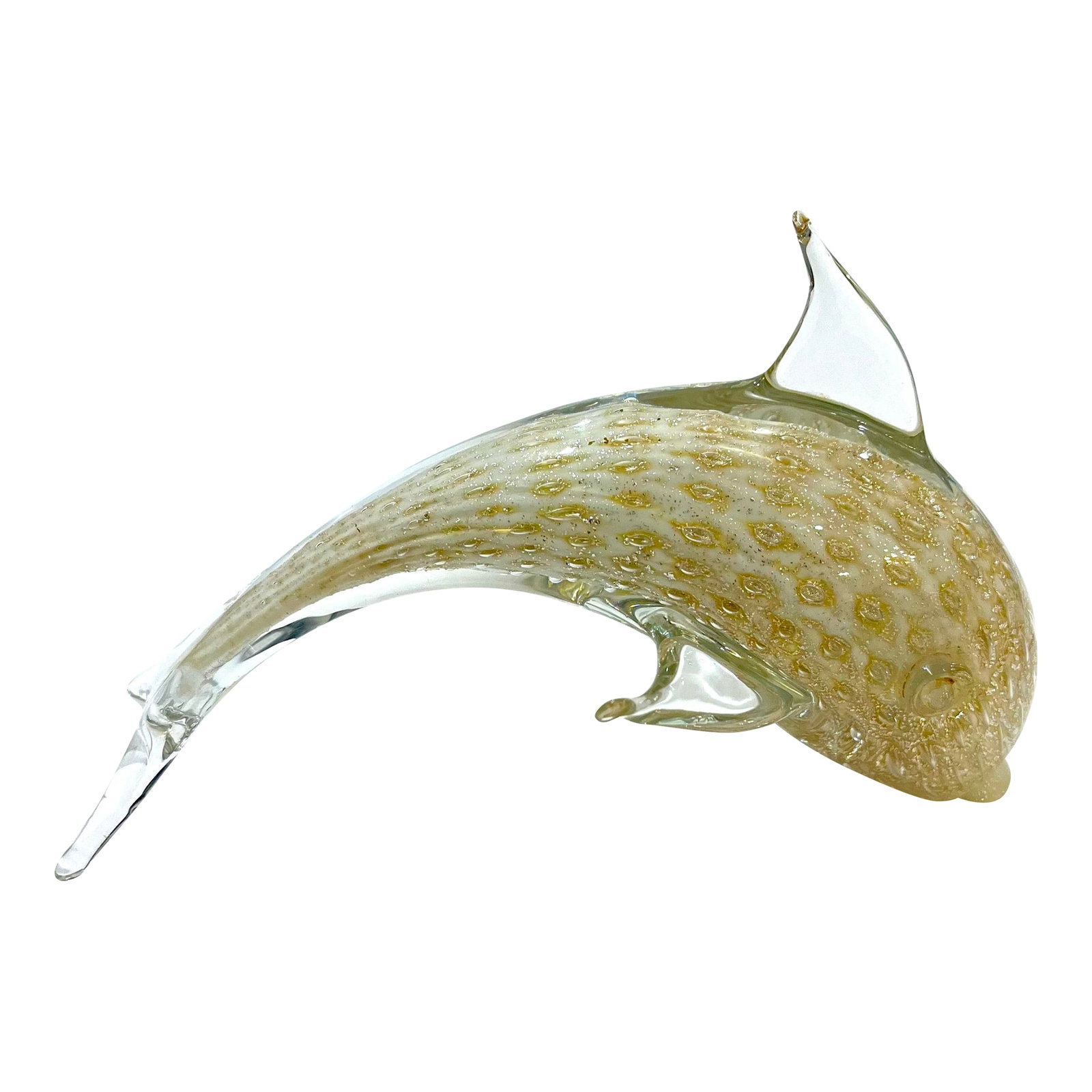 1960's Murano Attributed Gold Bullicante Blown Glass Dolphin: Gorgeous mouth-blown glass dolphin created sometime in the mid 20th century using the bullicante technique. We attribute this piece as Murano. That identification is based on several "comparable" or