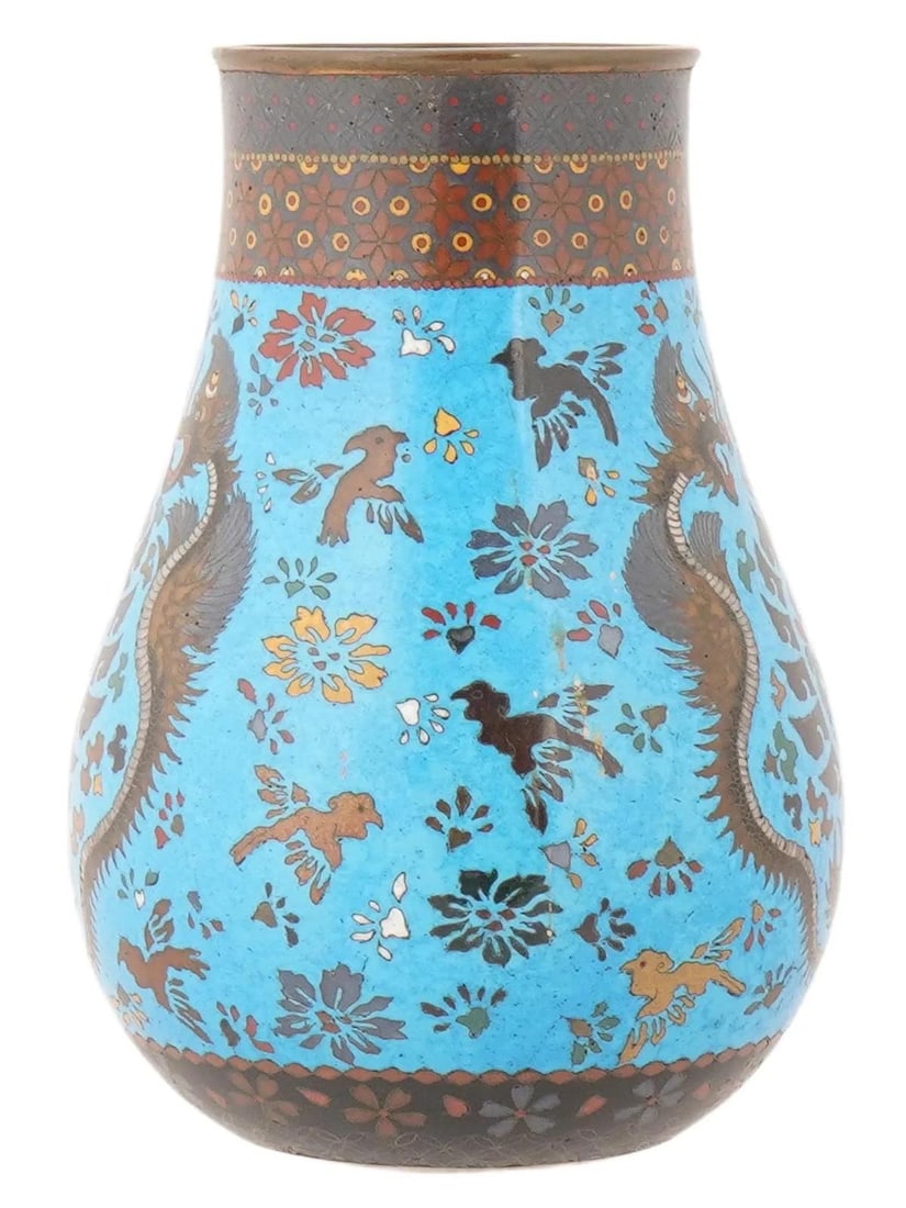 Antique Japanese Cloisonne Enamel Vase W Dragon Motif - 2