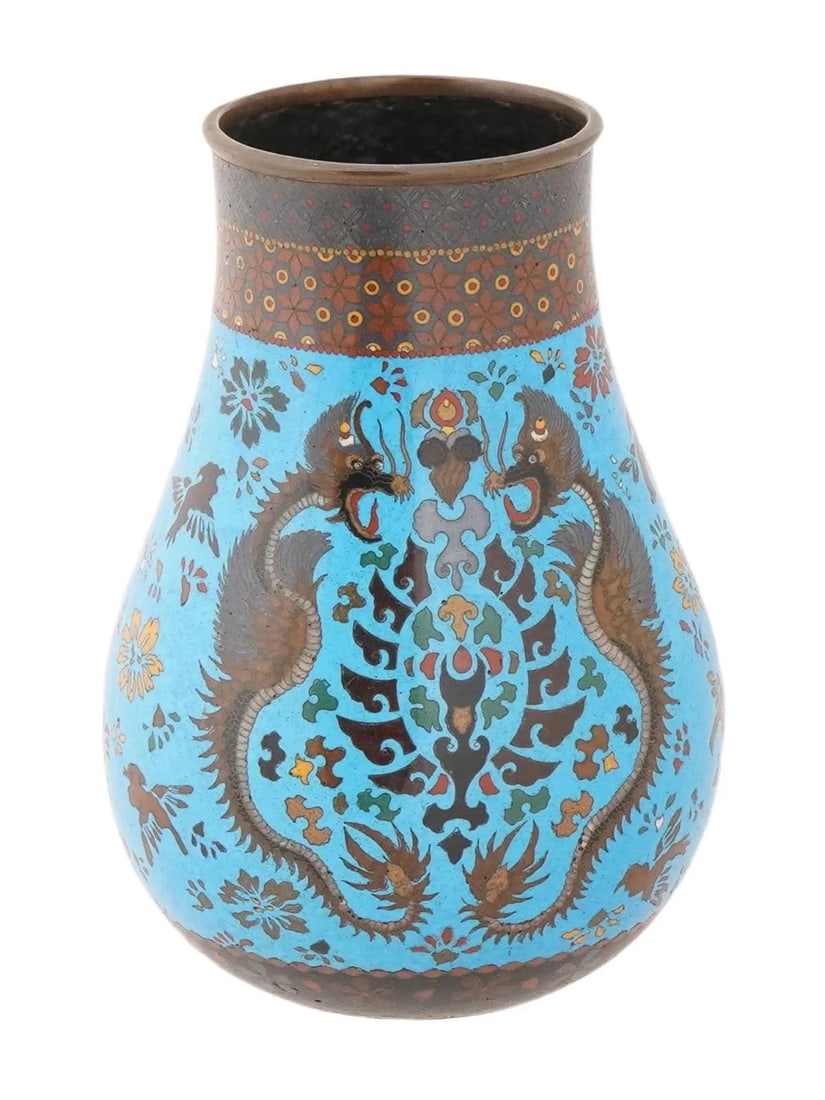 Antique Japanese Cloisonne Enamel Vase W Dragon Motif - 3