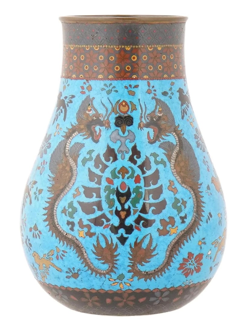 Antique Japanese Cloisonne Enamel Vase W Dragon Motif - 6
