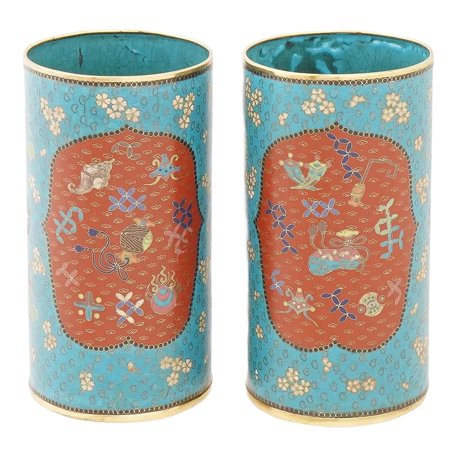 Antique Pair of Japanese Meiji Era Cloisonné Enamel Brush Pots: An antique Japanese Meiji era cloisonne enamel brush pots or vases are exquisite examples of traditional Japanese craftsmanship. They feature a vibrant turquose blue background adorned with delicate