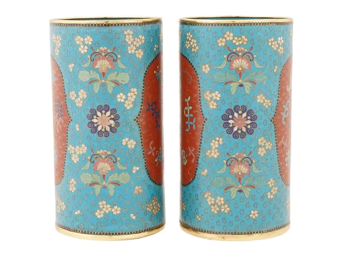 Antique Pair of Japanese Meiji Era Cloisonné Enamel Brush Pots - 2
