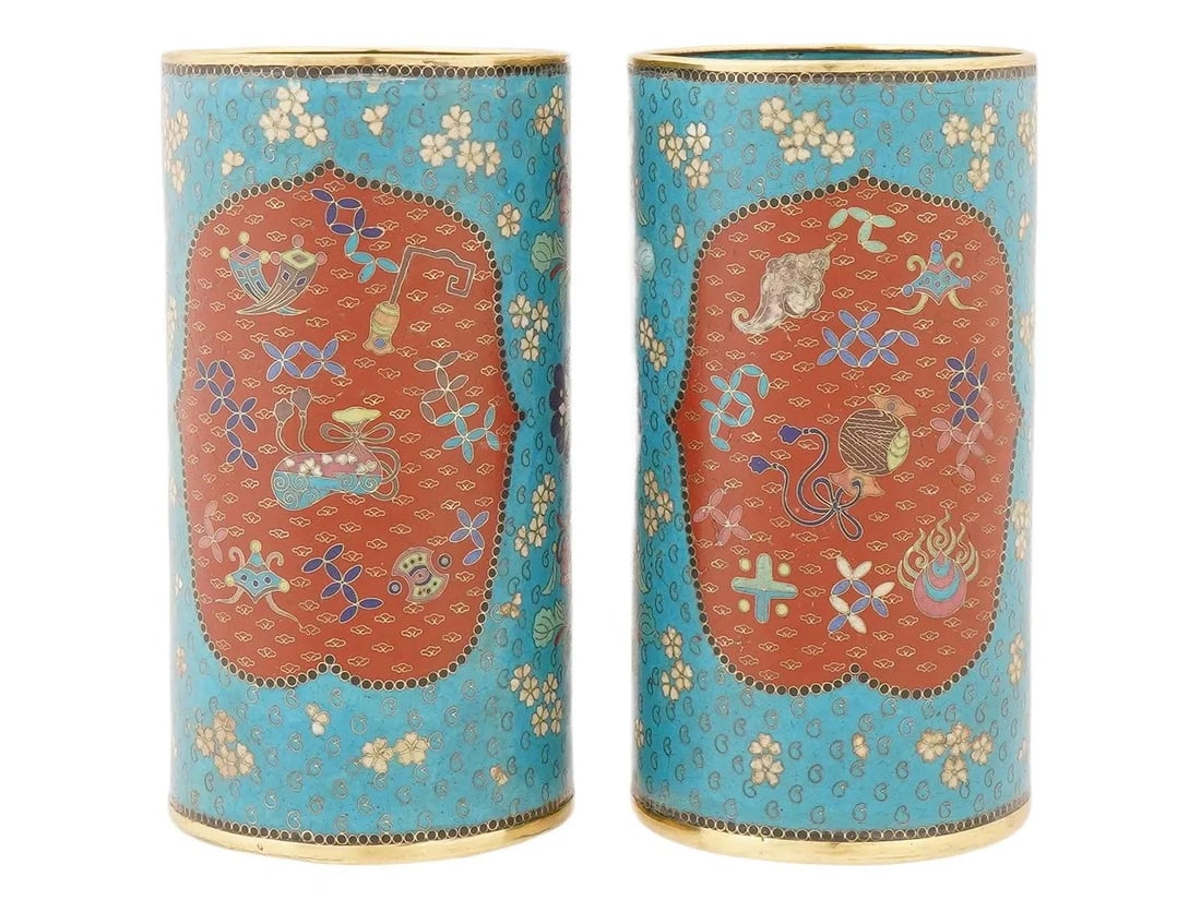 Antique Pair of Japanese Meiji Era Cloisonné Enamel Brush Pots - 3