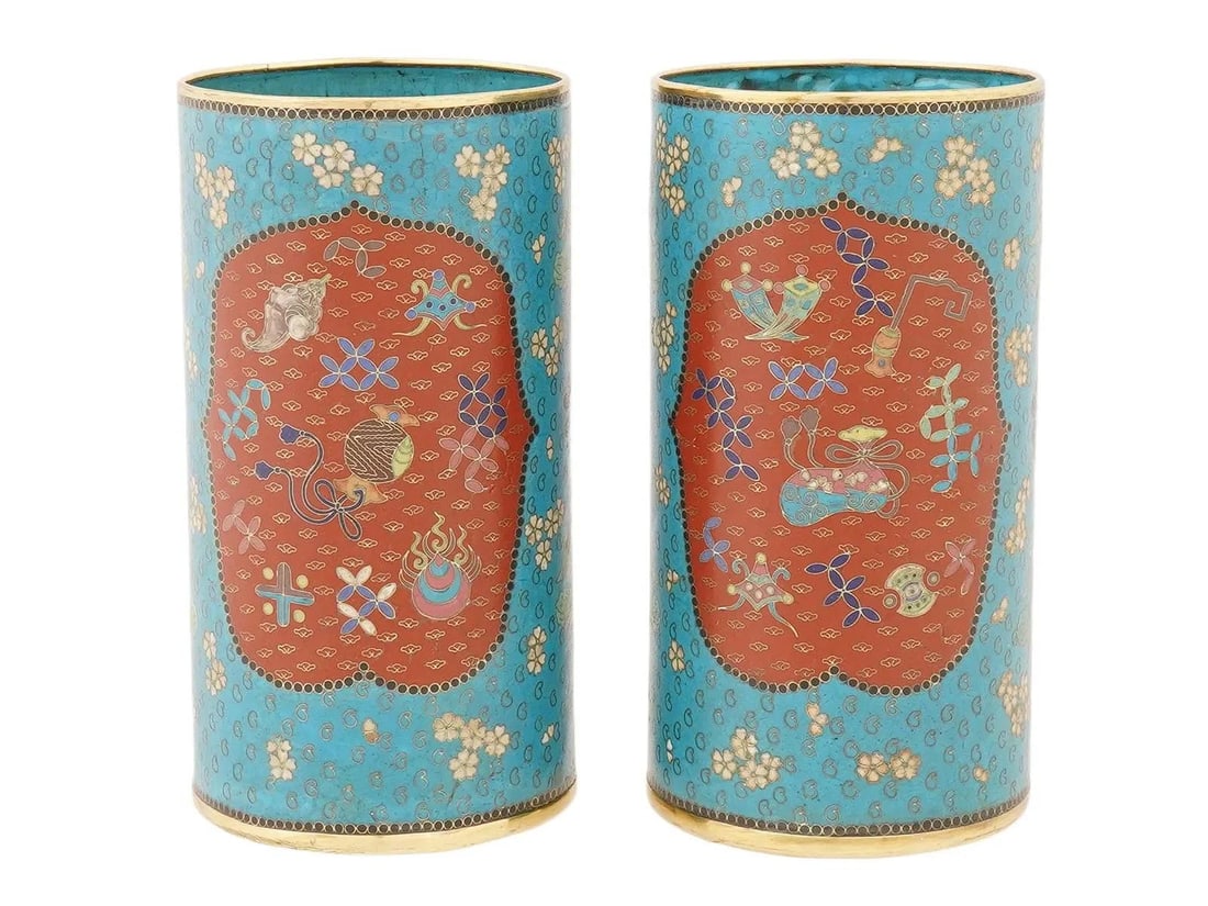 Antique Pair of Japanese Meiji Era Cloisonné Enamel Brush Pots - 4