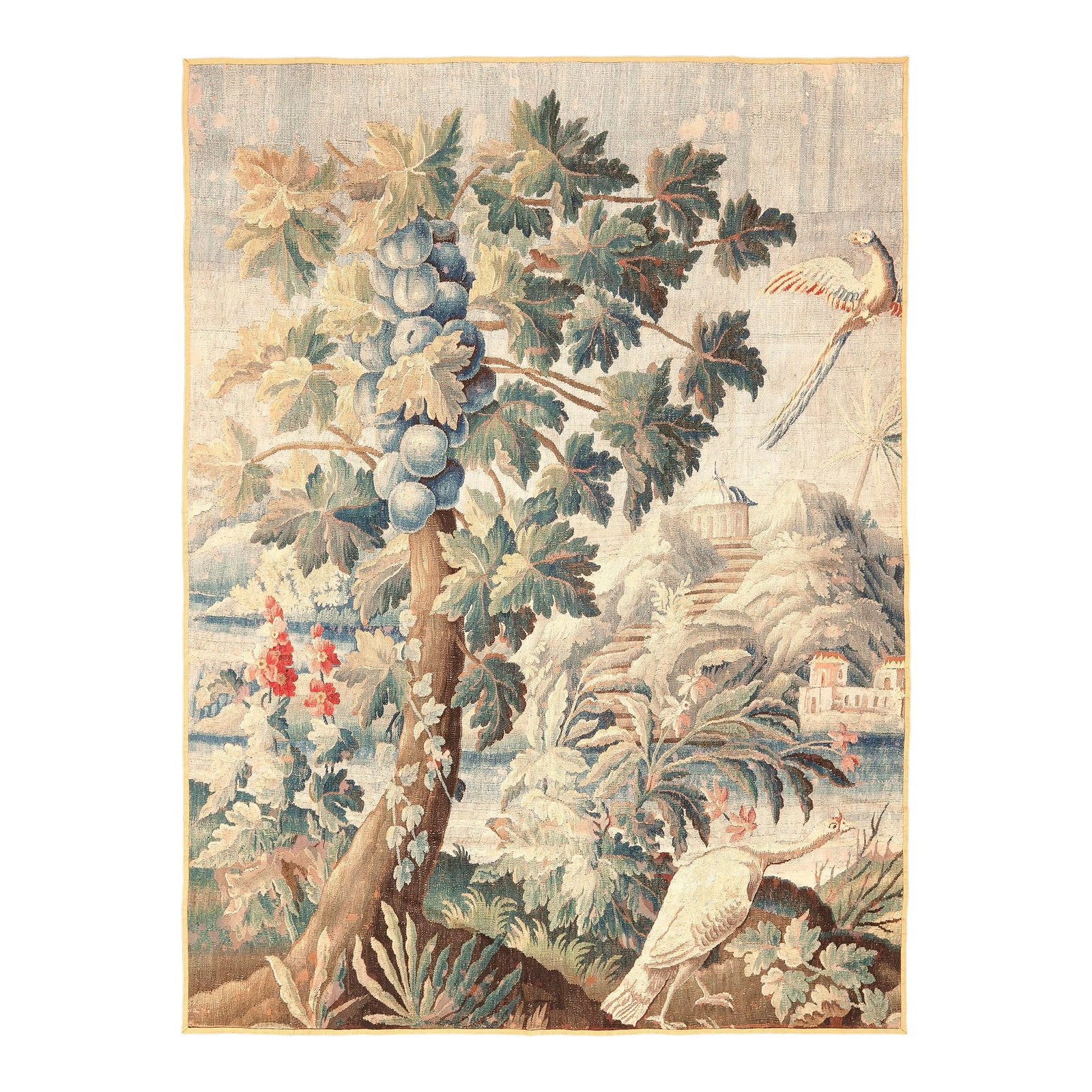 Nazmiyal Collection 18th Century French Aubusson Tapestry 5 Ft 8 in X 7 Ft 7 In: Marvelous Antique French Aubusson Silk and Wool Handwoven Tapestry, Origin: France, Circa Date: 18th Century This exquisite 18th Century Aubusson tapestry features a verdant garden filled with exotic