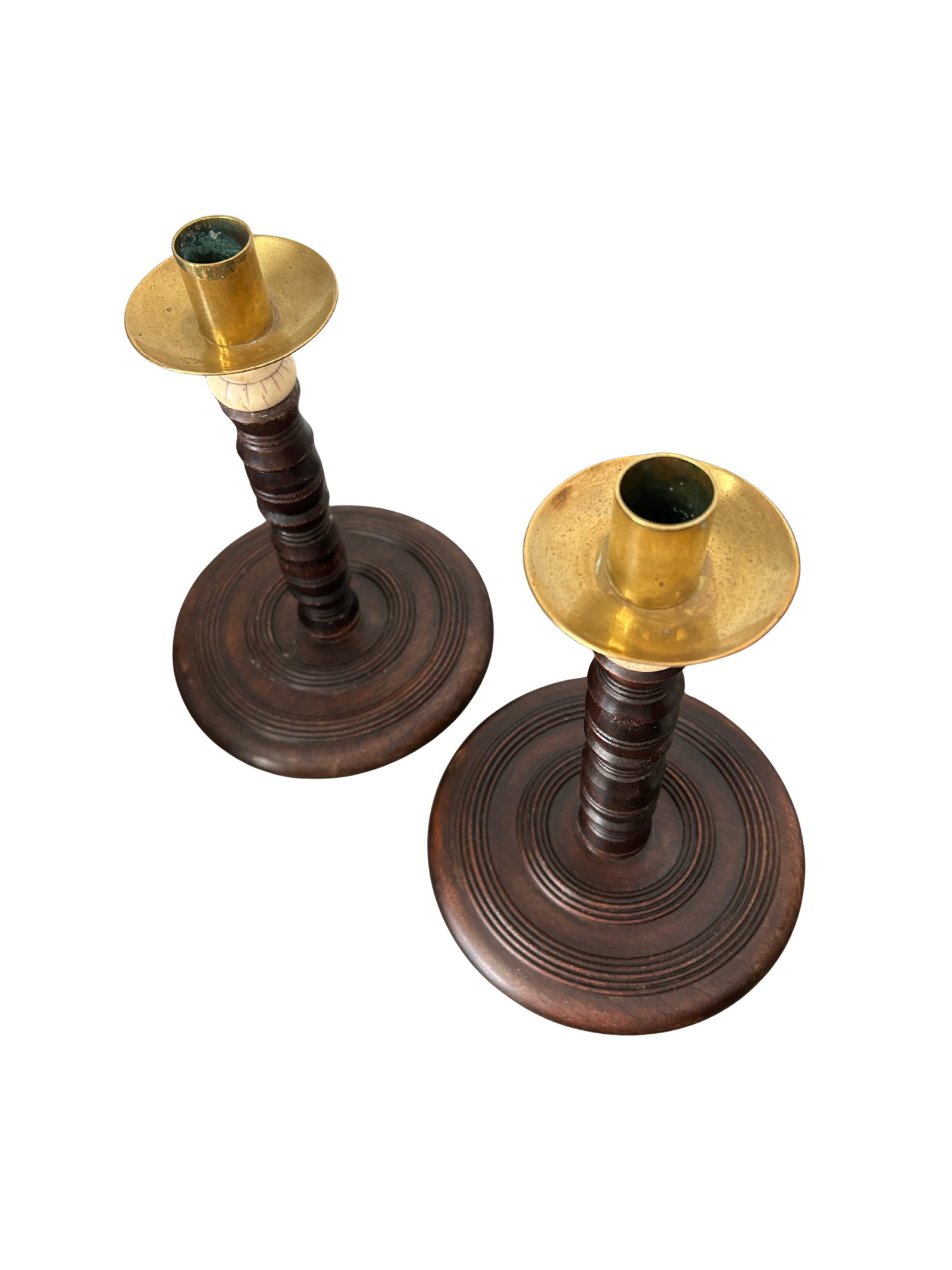 Pair of Antique English Oak Barley Twist Candlesticks With Brass Bobeches, Victorian C. 1890 - 5