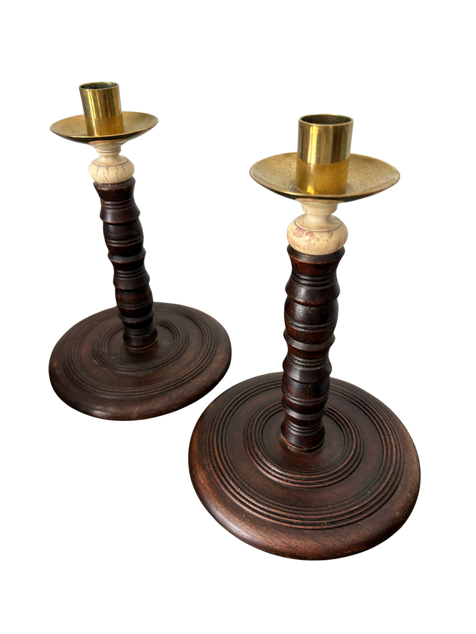 Pair of Antique English Oak Barley Twist Candlesticks With Brass Bobeches, Victorian C. 1890 - 6