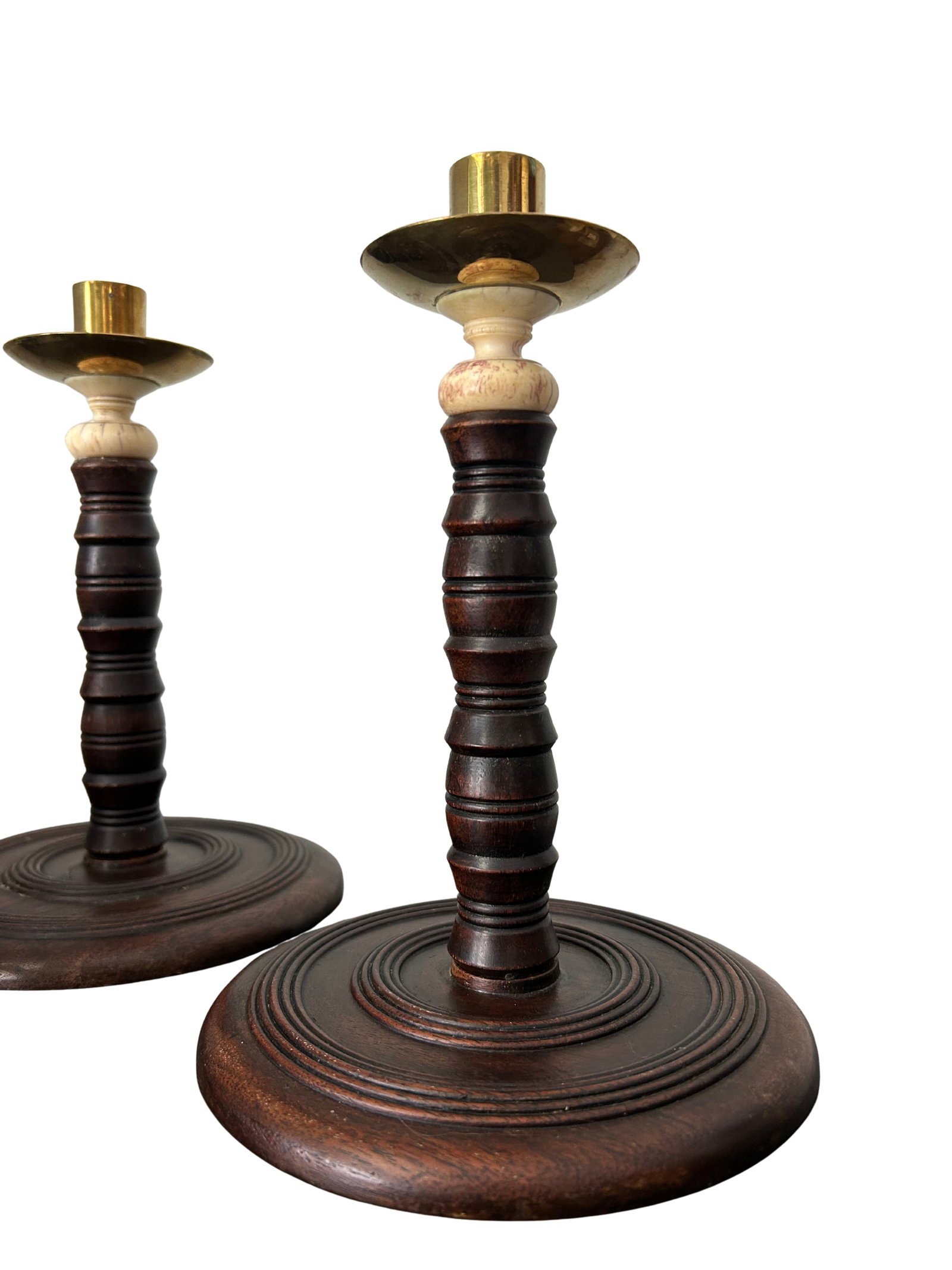 Pair of Antique English Oak Barley Twist Candlesticks With Brass Bobeches, Victorian C. 1890 - 7