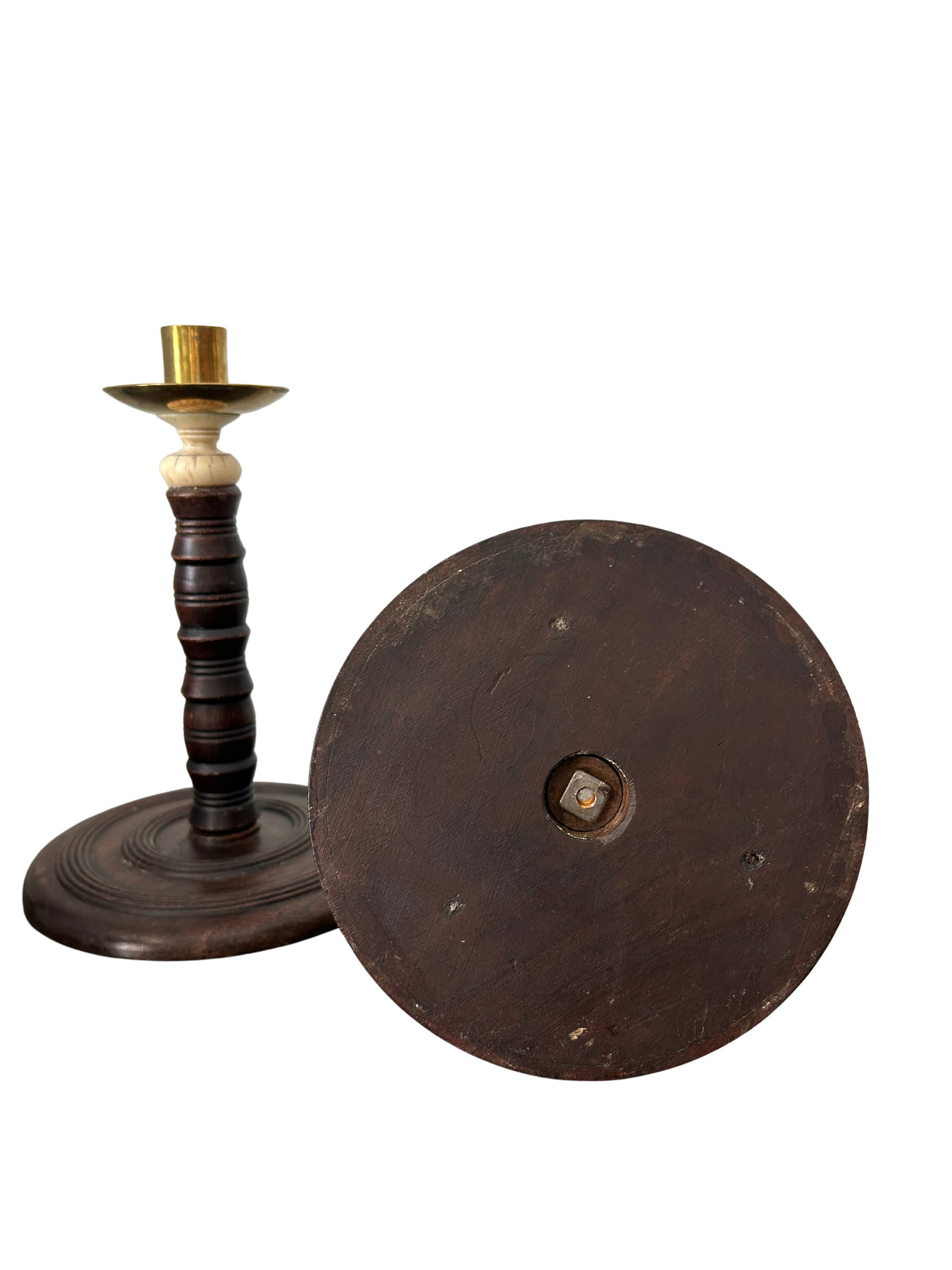 Pair of Antique English Oak Barley Twist Candlesticks With Brass Bobeches, Victorian C. 1890 - 8