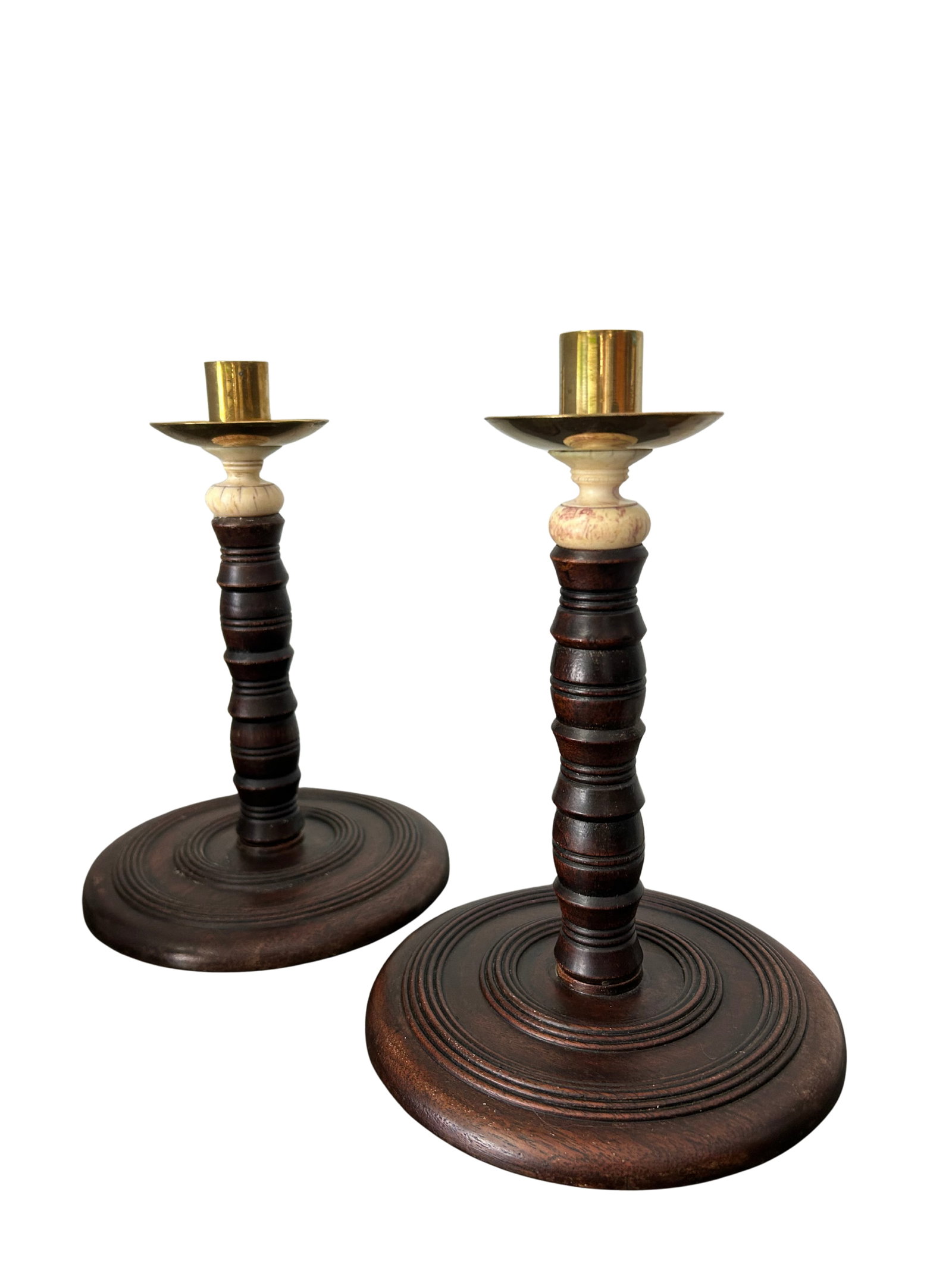 Pair of Antique English Oak Barley Twist Candlesticks With Brass Bobeches, Victorian C. 1890 - 9