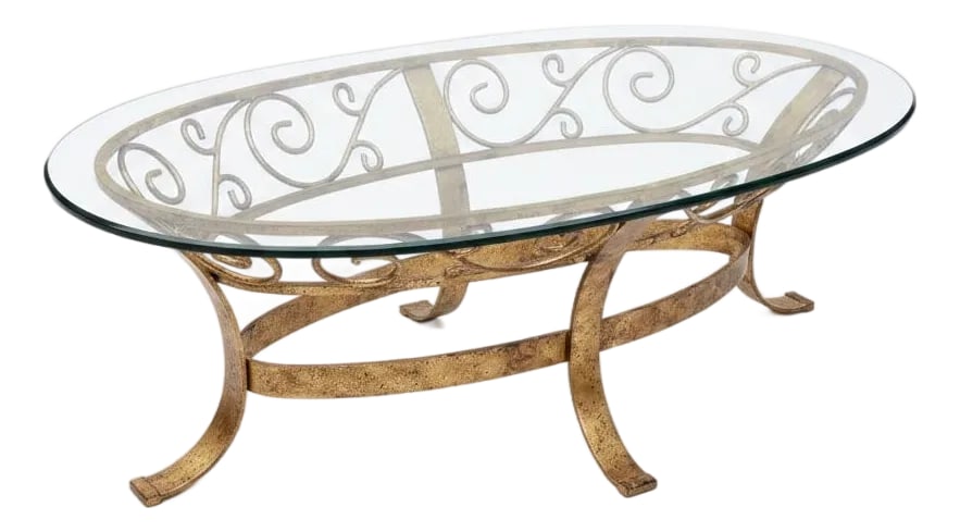 Hollywood Regency Hand Gilt Wrought Iron Oval Coffee Table - Newly Painted (1 of 12)
