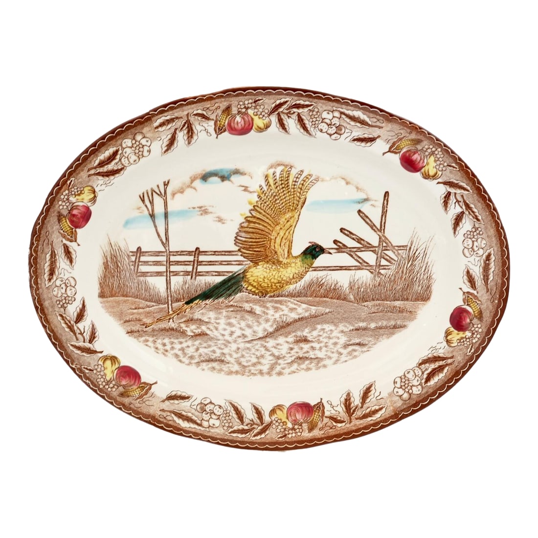 Mid 20th Century Midc Century Japanese Hand-Painted Pheasant Game Platter: This striking midcentury game platter features a beautifully hand-painted pheasant in flight, set against a softly rendered countryside backdrop. The scene captures a sense of motion and rural