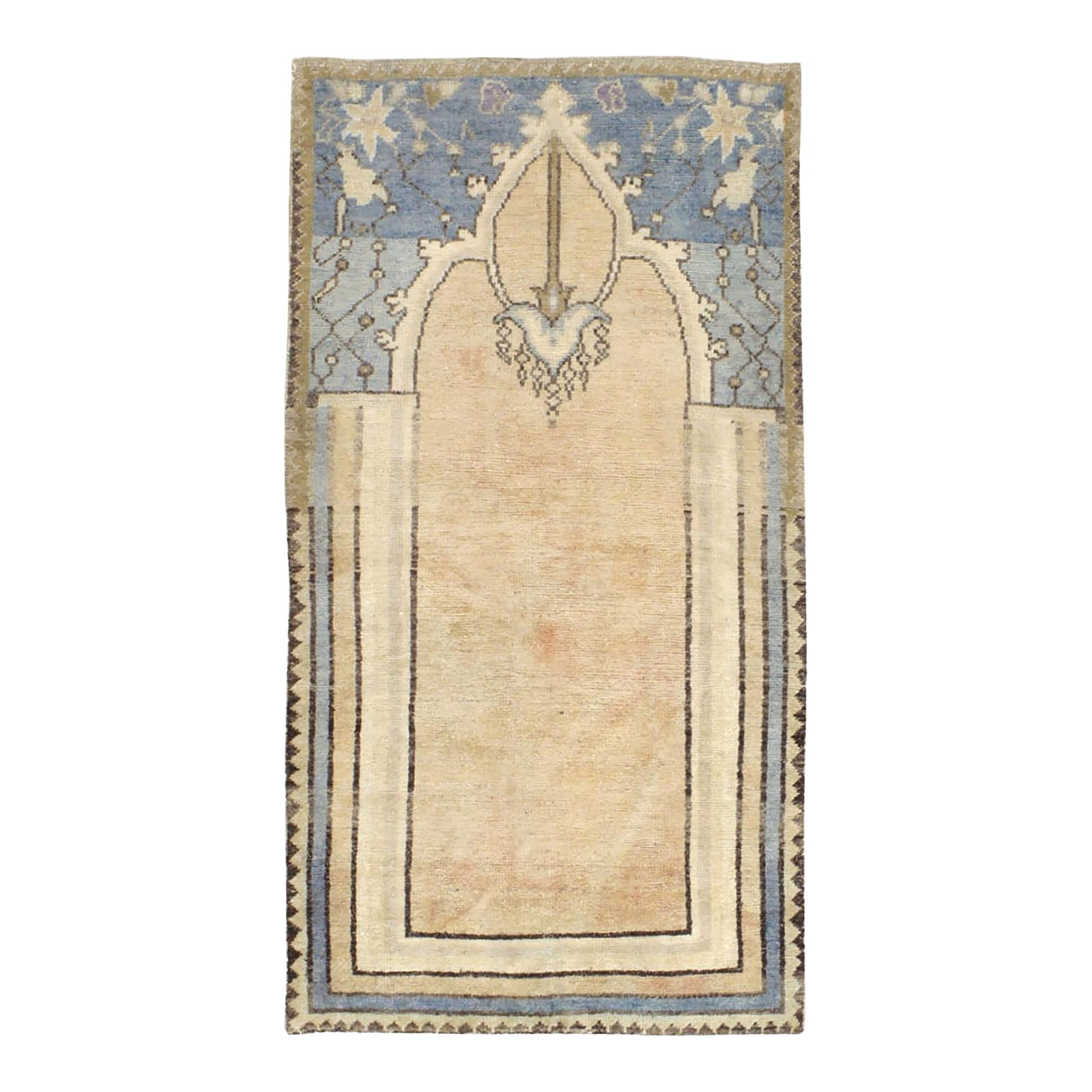 Galerie Shabab Collection Mid-20th Century Turkish Anatolian Throw Rug: A vintage Turkish Anatolian throw rug. An austerely unadorned warm beige niche field is flanked and bottom bordered by a series of plain, colored bands. The linear vine and palmette spandrels abrash