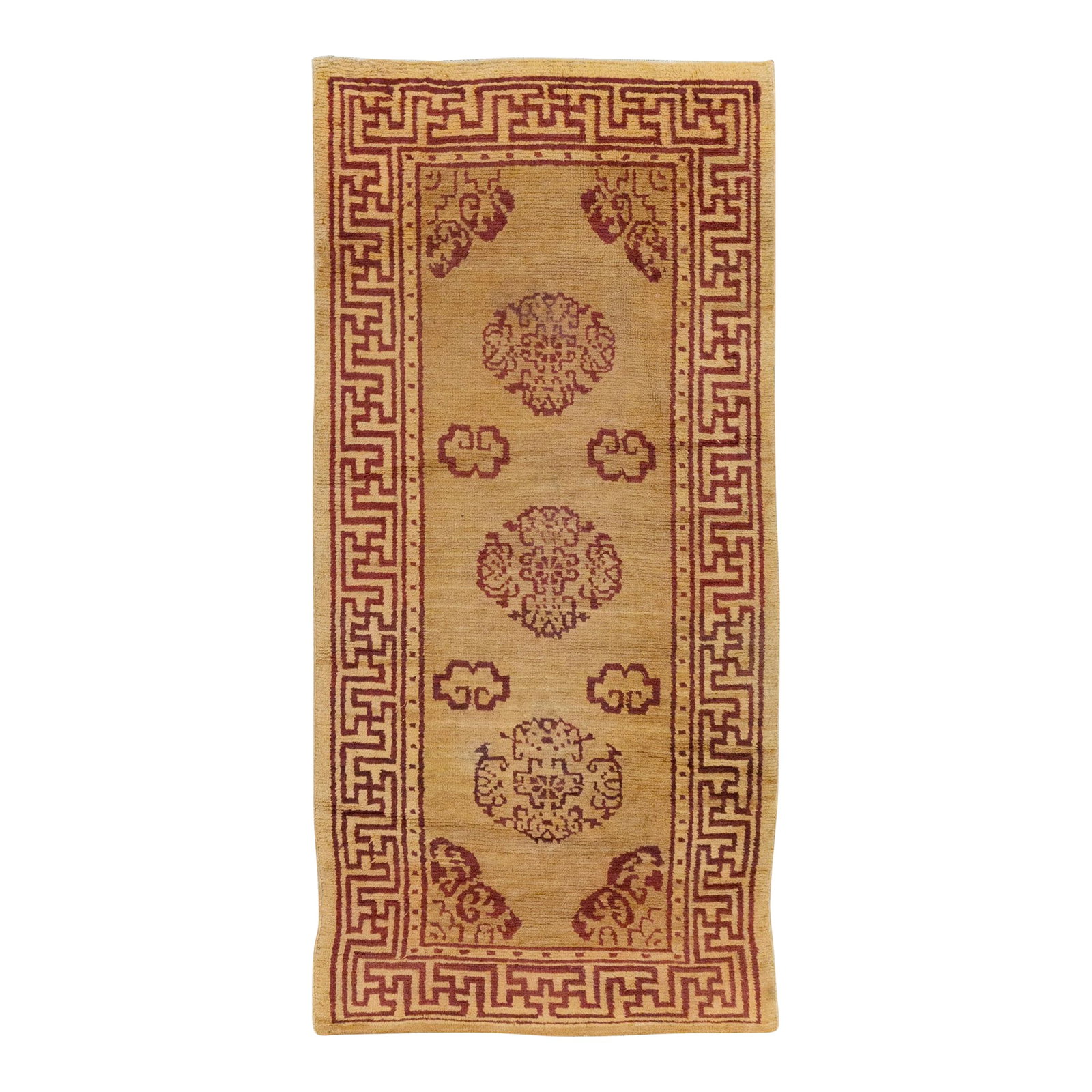 Galerie Shabab Collection Mid-20th Century Chinese Art Deco Throw Rug: A vintage Chinese Art Deco throw rug handmade during the Mid-20th century. Measures: 2' 9" x 5' 8" Condition: Alterations: Original Condition Unaltered Imperfections: Some Imperfections Condition