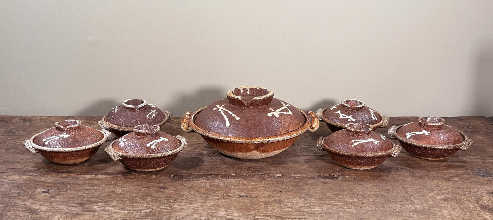 Vintage Traditional Japanese Donabe Lidded Serving Bowls - Set of 7 - 2