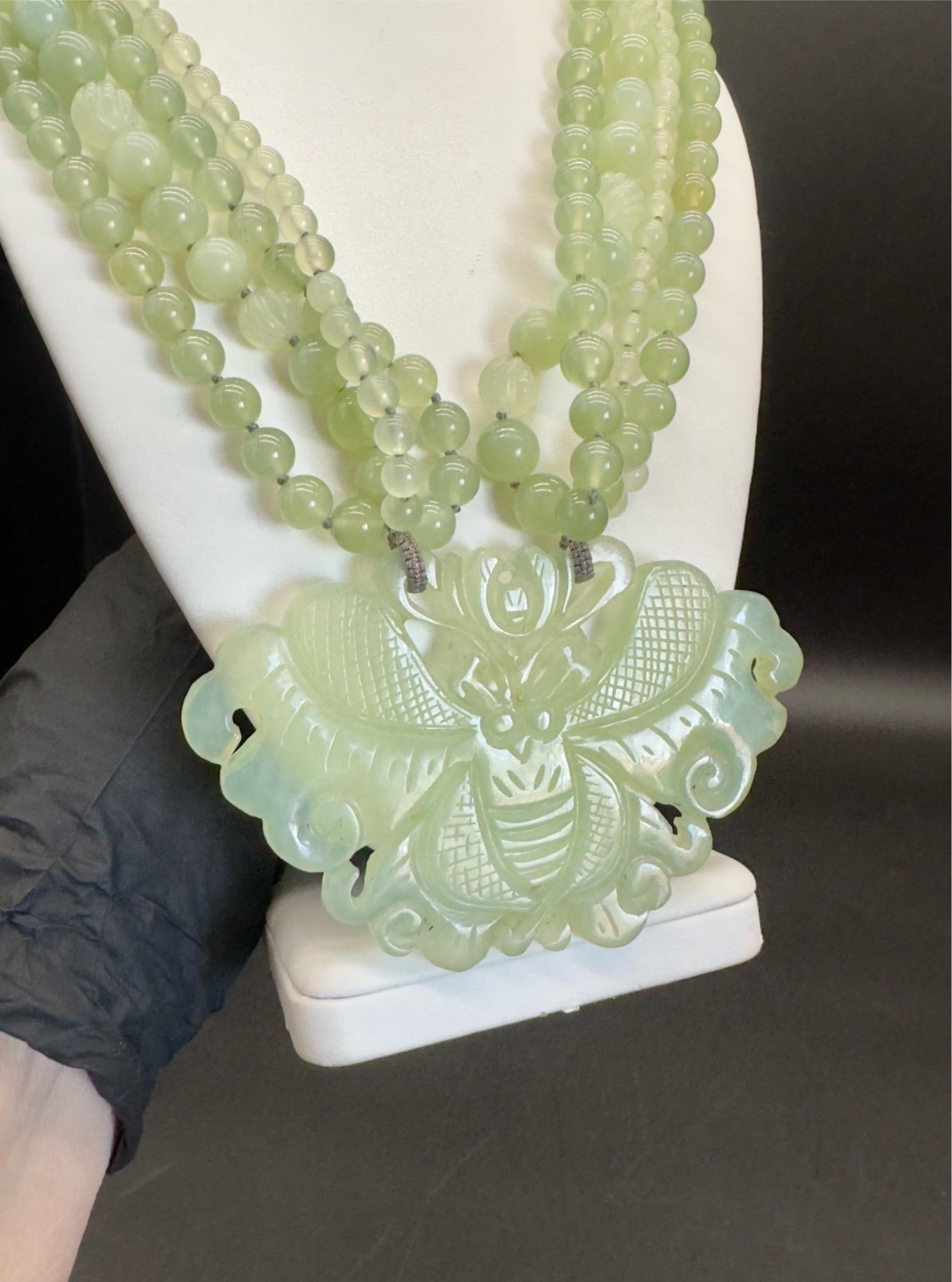1970s Chinese Export Jadeite Moth Pendant Multi Strand Beaded Necklace - 2