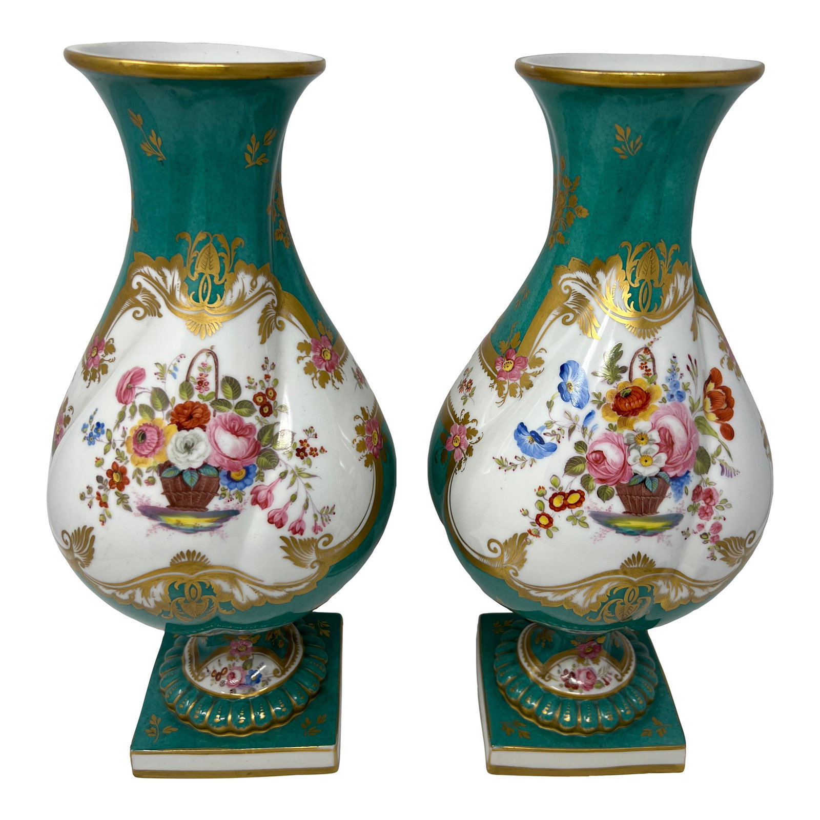 Pair of Antique English Rockingham Porcelain Vases, Hand Painted Floral, Gilt Turquoise Ground, C. 1 (1 of 12)