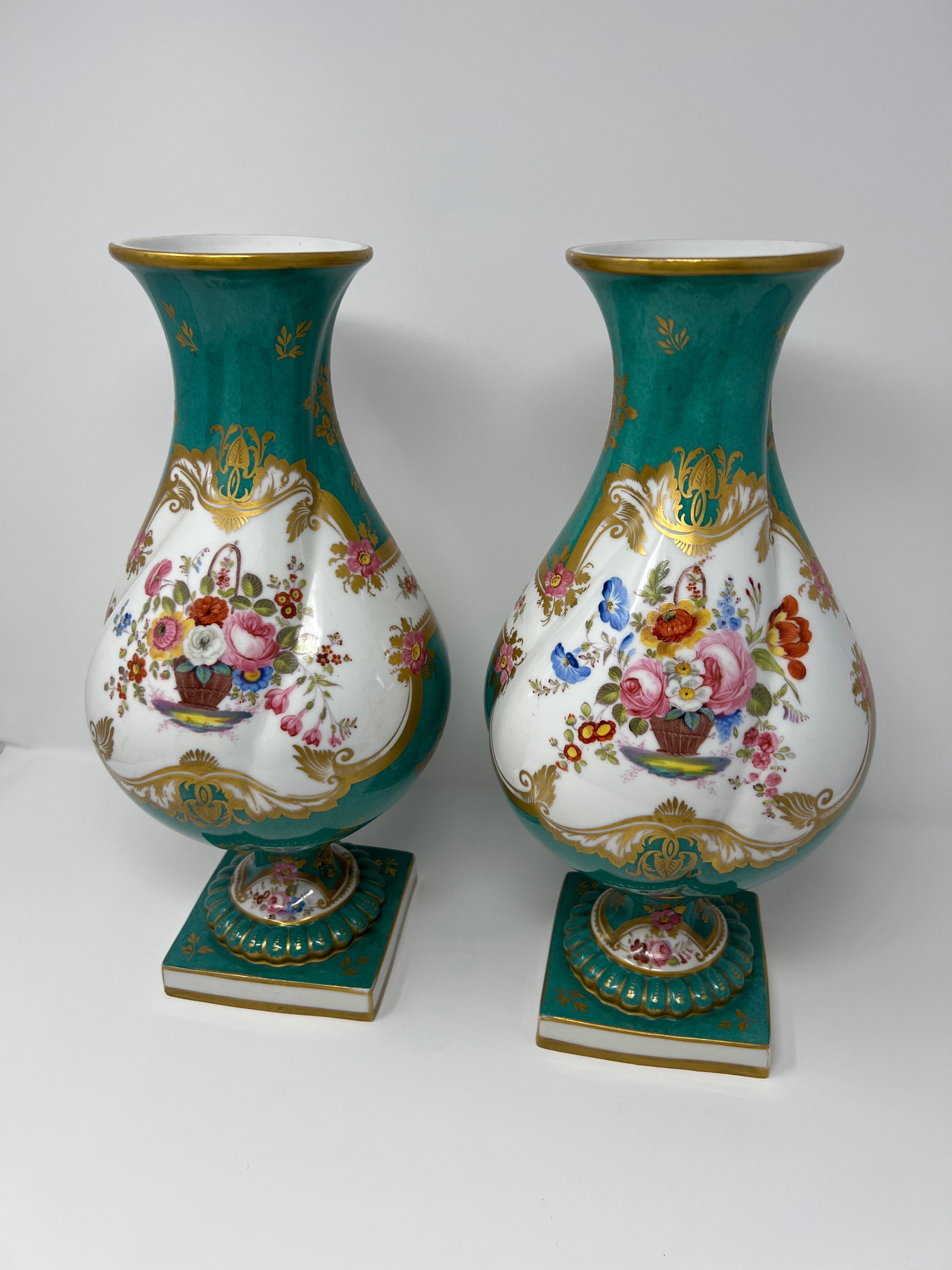 Pair of Antique English Rockingham Porcelain Vases, Hand Painted Floral, Gilt Turquoise Ground, C. 1 - 2