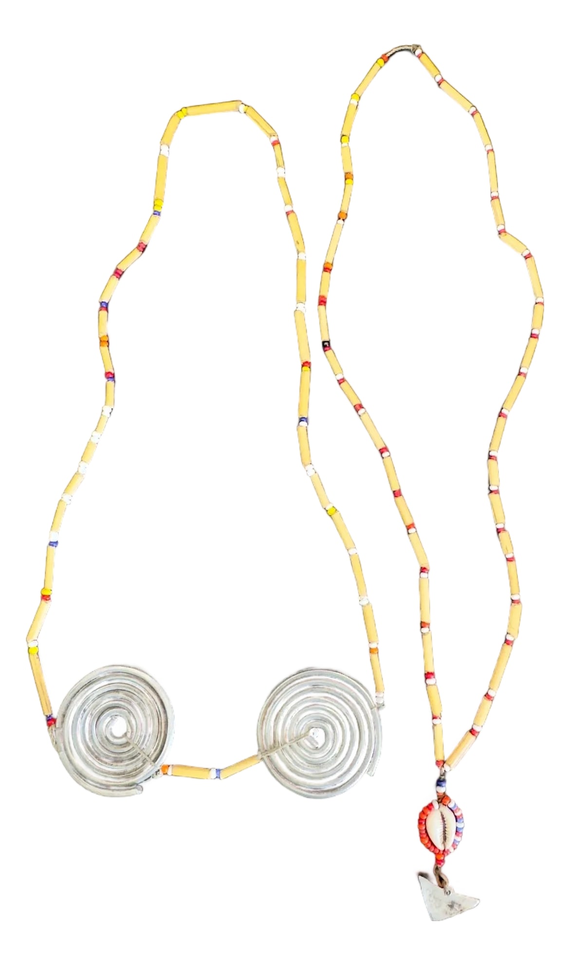 1970s Traditional Masai Surutia Wedding Necklace Set, 2 Pieces: Unique to find a set. Swahili culture. Surutia is the term used by the Swahili for these types of necklaces This Ceremonial set is used in circumcisions. The round metal coil necklace is worn by