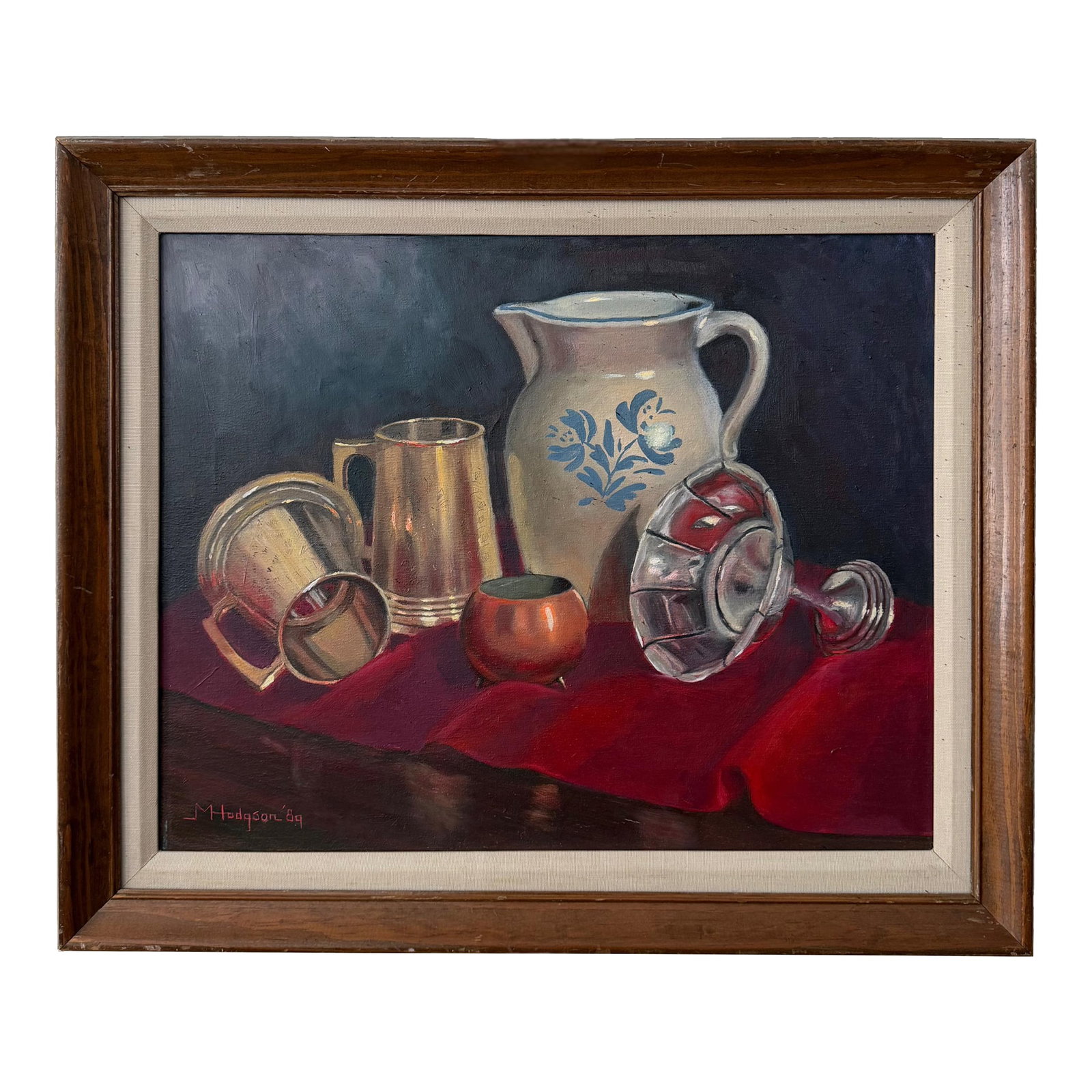 Oil on Canvas Still Life | Signed Marjorie Hodgson: Vintage Still Life Oil Painting by Marjorie Hodgson A richly composed vintage still life oil painting by Marjorie Hodgson, featuring an artful arrangement of domestic vessels rendered with sensitivity