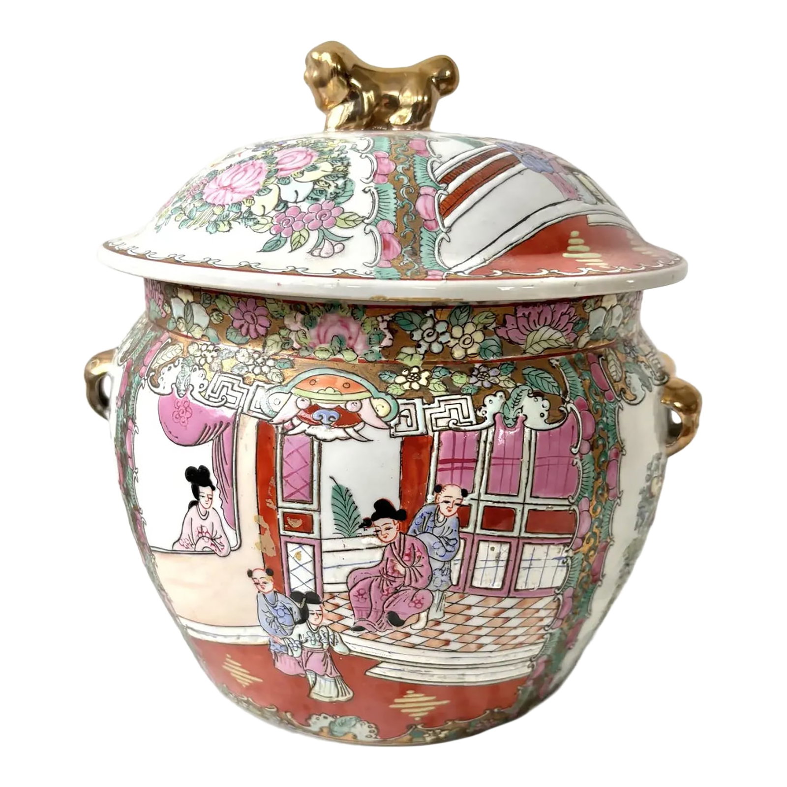 Late 19th Century Chinese Porcelain Kamcheng, a Famille Rose Medallion Vinegar Jar With Lid and Gold: A Kamcheng, specifically a Famille Rose Medallion porcelain ginger jar with a Foo Dog lid. Key details include... Origin: Chinese porcelain (likely from the 19th or early 20th century). Style: