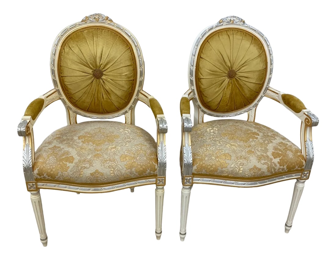 19th Century Reproduction Italian Dining Armchairs by Caspani Tino - Set of 2: 100% MADE IN ITALY, HAND PAINTED and HAND CRAFTED ! TWO DINING or ACCENT ARMCHAIR Solid Wood frame décor with 24 Carats Gold & Sterling Silver Leaf. HAND PAINTED and HAND CRAFTED BY FAMOUS