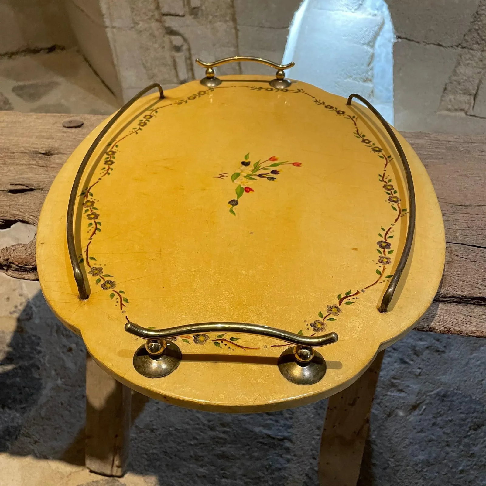1960s Aldo Tura Goatskin Wood & Brass Floral Design Service Tray - 11