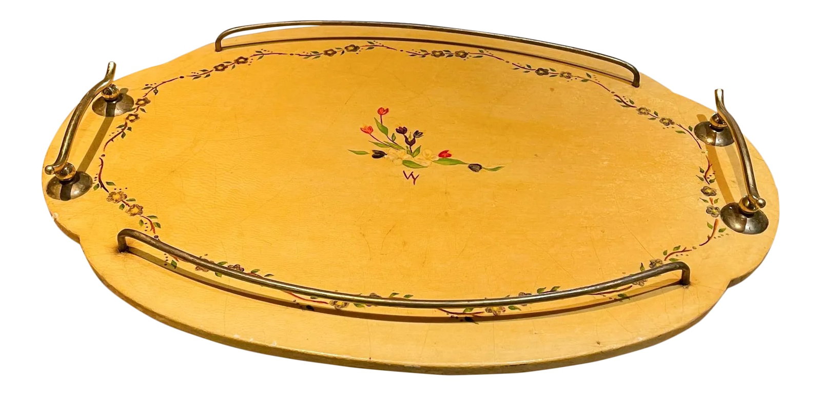 1960s Aldo Tura Goatskin Wood & Brass Floral Design Service Tray: AMBIANIC presents: Lovely Goatskin on Wood Service Tray. Brass Hardware Cork Bottom. Delicate Floral decoration. Vintage Italy 1960s Measures:19.75 L x 14 W x 2 H Marked VY initials stamp. Attributed
