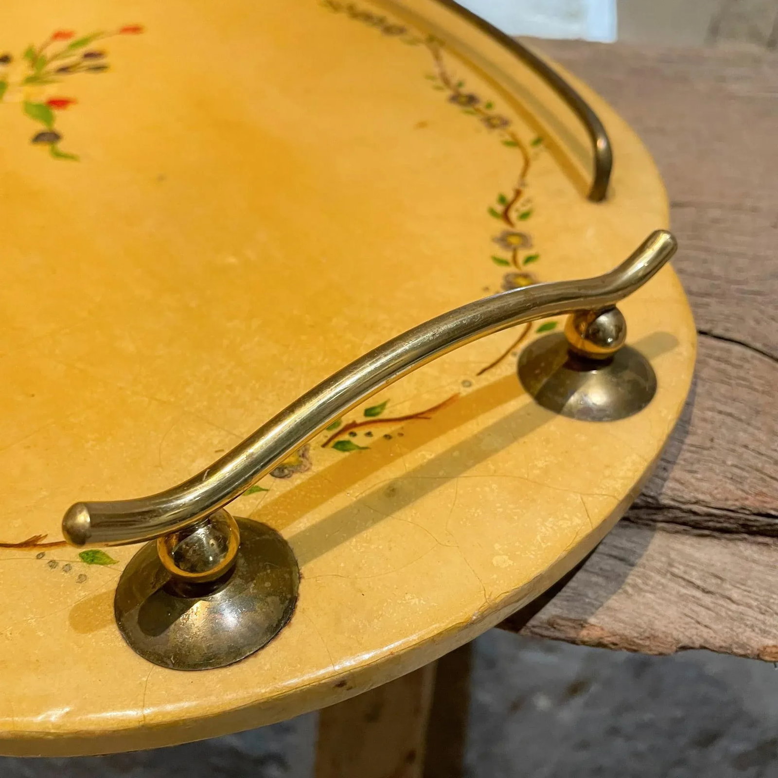 1960s Aldo Tura Goatskin Wood & Brass Floral Design Service Tray - 4