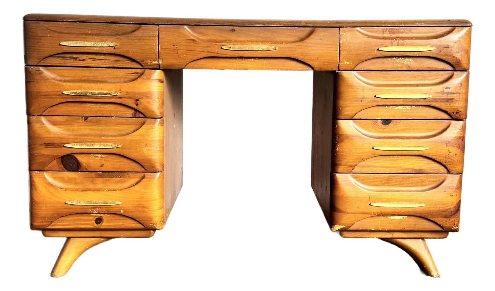 Mid Century Modern Sculptured Pine Desk by Franklin Shockey: This sculptural Mid Century Modern desk by Franklin Shockey exemplifies the warmth and innovation of postwar American design. Crafted in solid pine, the desk features signature carved drawer fronts