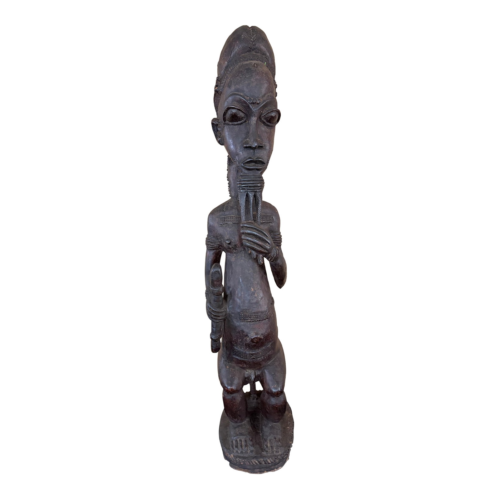 Baule Male Figure 20th Century: 20th century male Baule figure sitting on a stool. This vintage figure is made of wood. It is brown in color. It shows signs of fading patina due to old age. It also shows signs of cracks on the