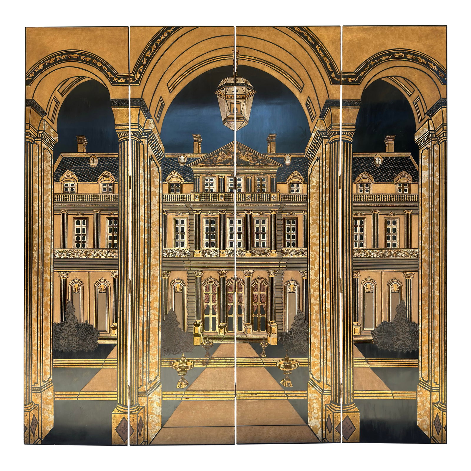 1980s Monumental 9-Foot Trompe l'Oeil Architectural Folly Screen by Turtle and Crane - Piero Fornase: Turning the Past into Stunning Decor for Today. This bespoke Turtle and Crane curation is a monumental, nine-foot-tall trompe l'oeil folding screen that instantly transforms any space into a grand