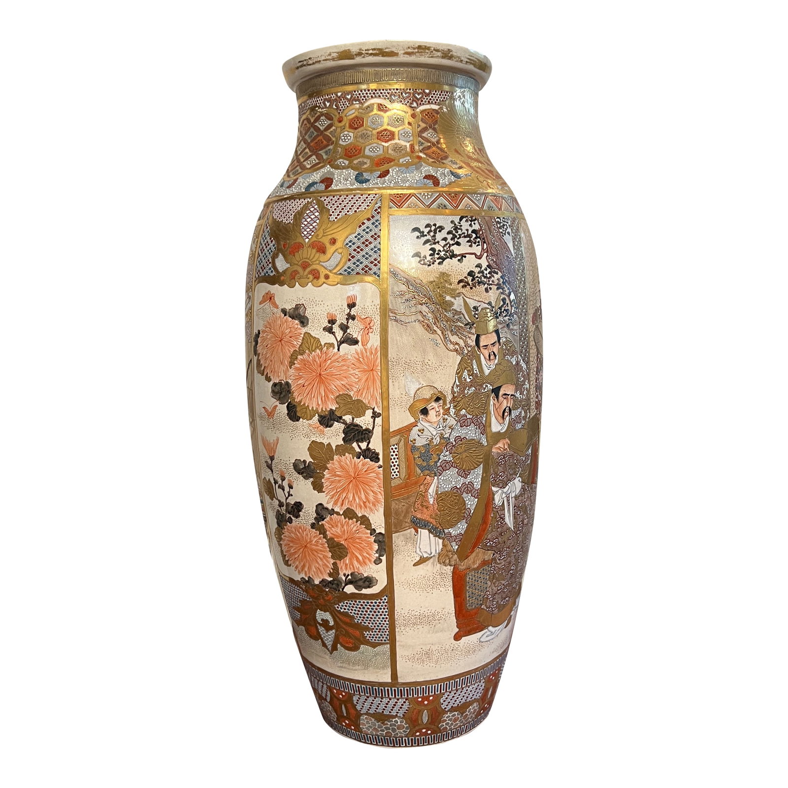 Monumental 24" Antique Japanese Meiji Period Kyoto Satsuma Palace Floor Vase, Court Scene & Peony: This monumental late 19th-century Japanese Satsuma palace vase is a striking example of Kyoto export artistry from the Meiji period. Standing over two feet tall, the vase features finely hand-painted