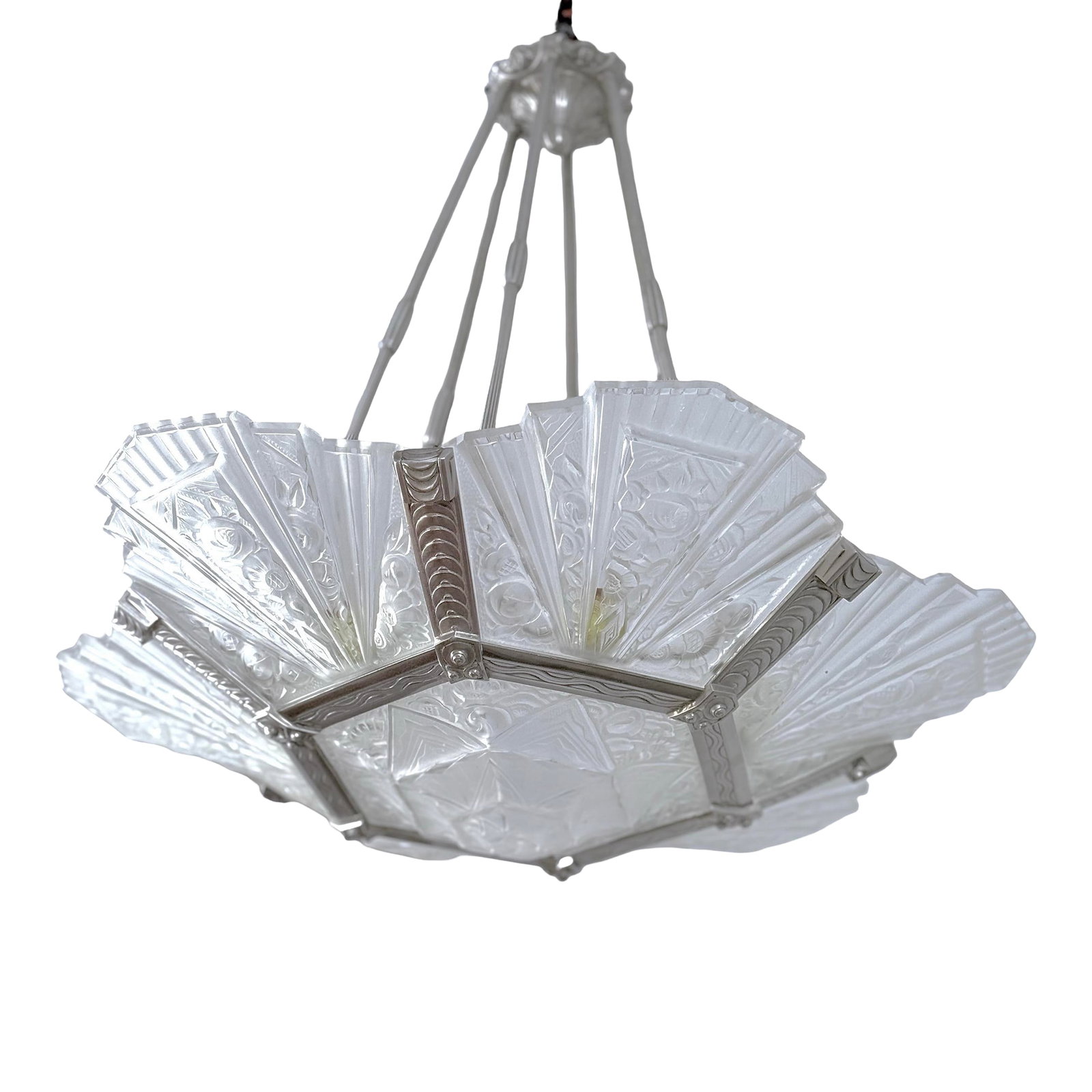 1930's French Art Deco Chandelier Signed Verrerie Des Hanots: A 1930s French Art Deco chandelier by *Verrerie des Hanots*, featuring clear frosted glass and finely detailed metalwork. The chandelier comprises six faceted, six-sided shades surrounding a matching