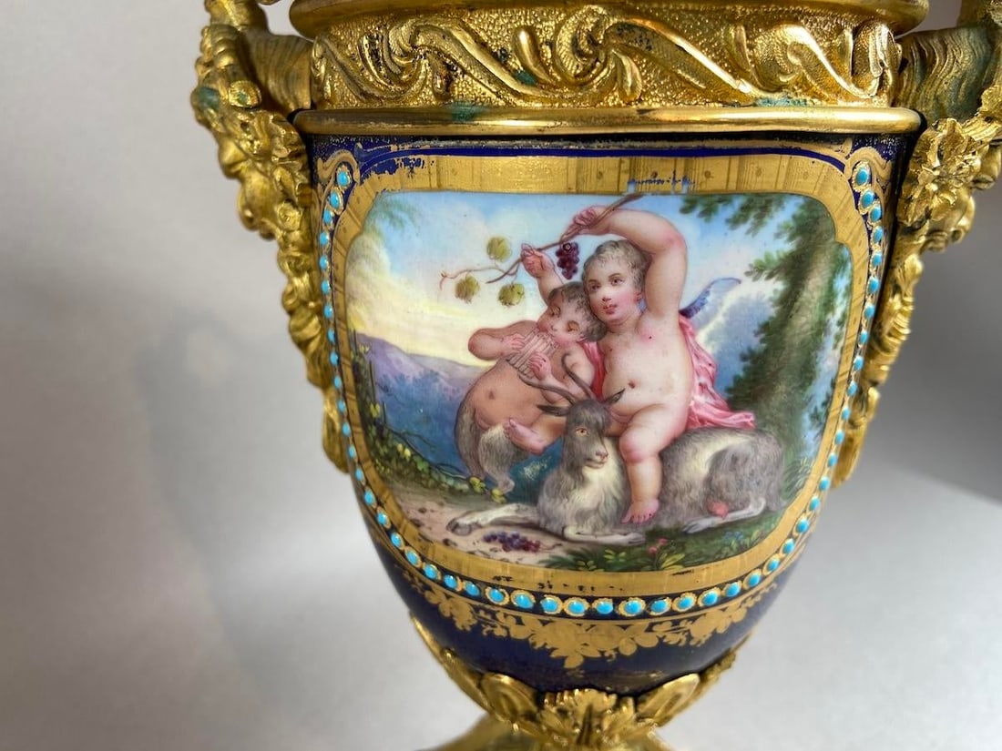 1880s French Sevres Style Blue Ormolu Porcelain Urns-Pair - 10
