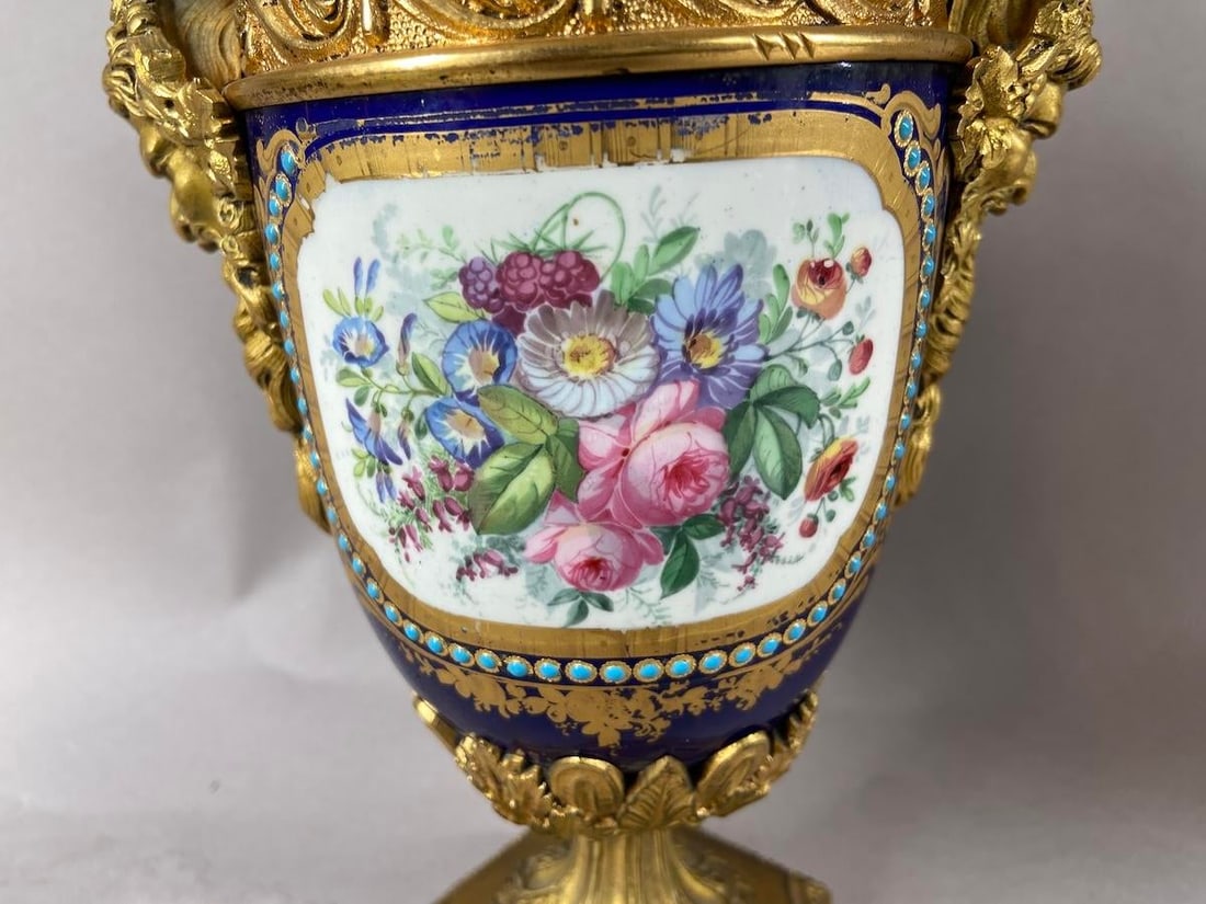 1880s French Sevres Style Blue Ormolu Porcelain Urns-Pair - 11