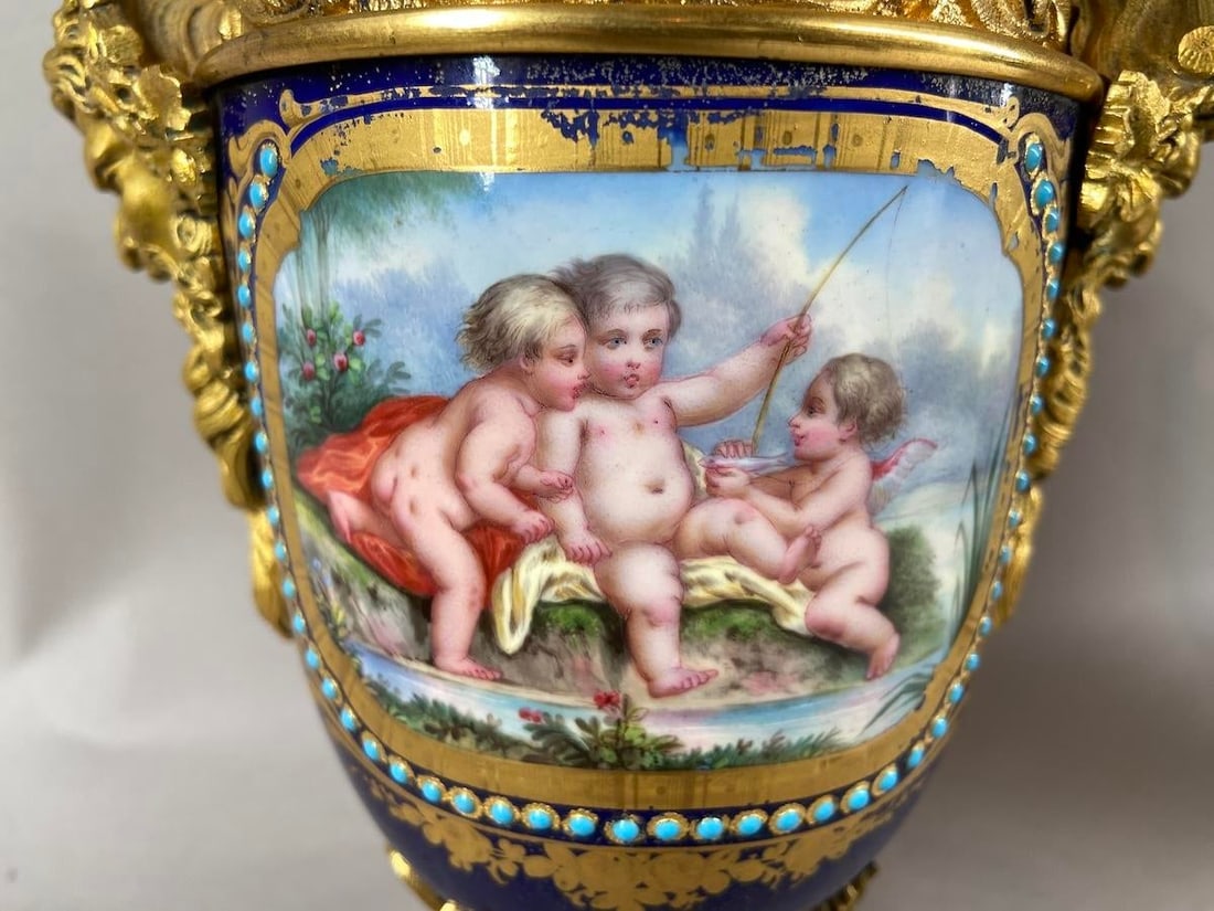 1880s French Sevres Style Blue Ormolu Porcelain Urns-Pair - 12