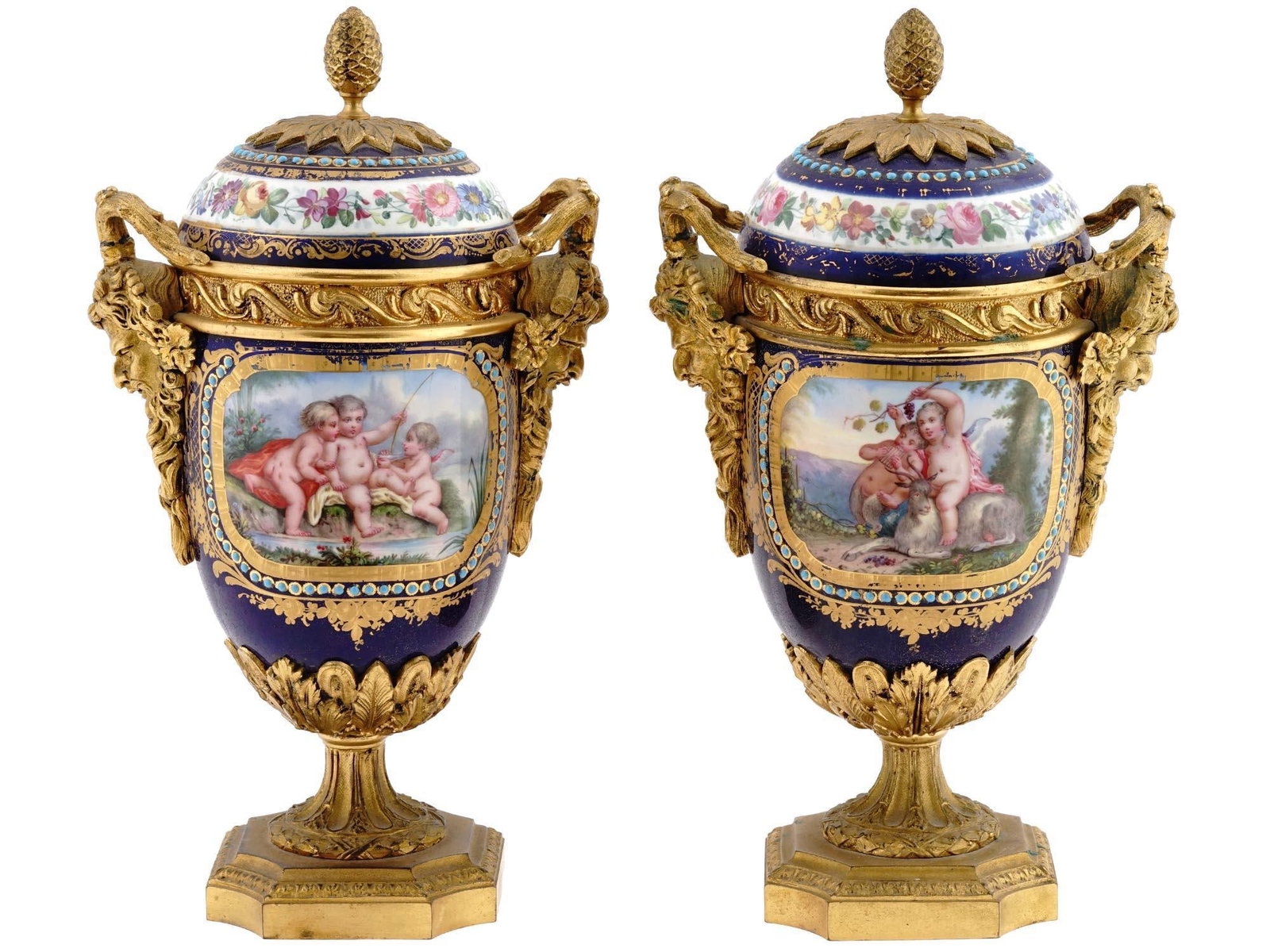 1880s French Sevres Style Blue Ormolu Porcelain Urns-Pair - 13