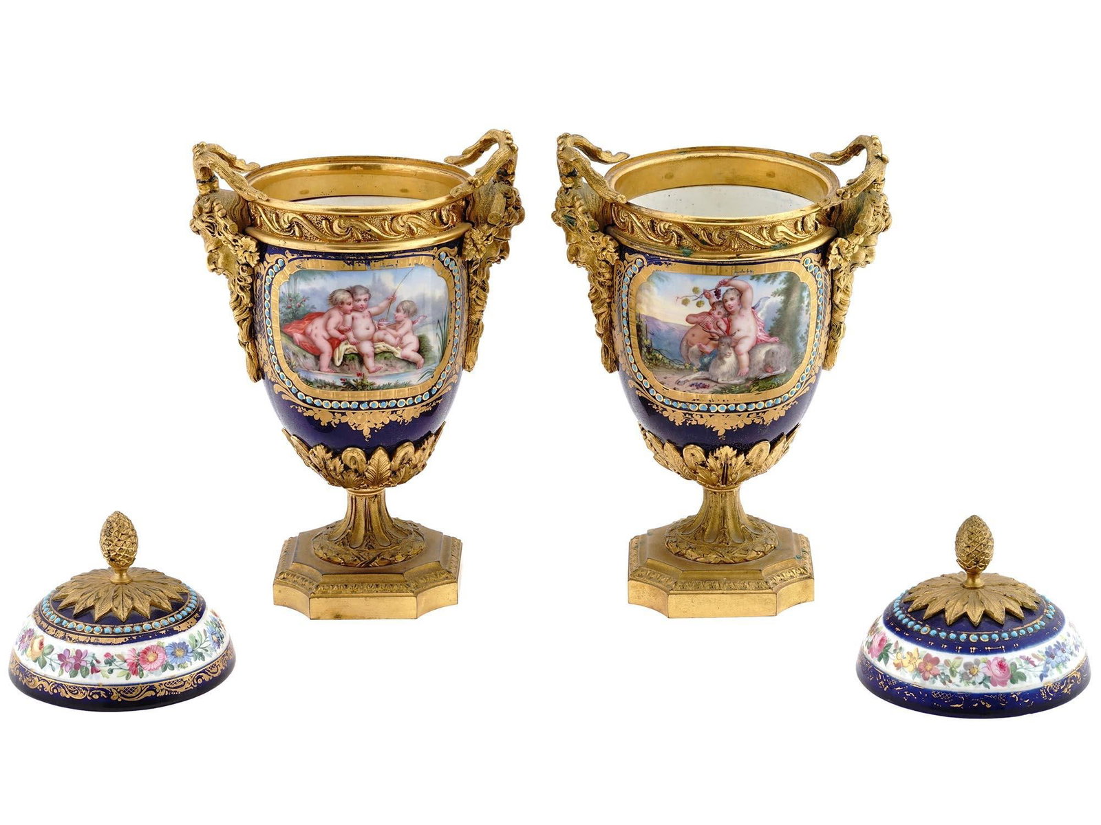 1880s French Sevres Style Blue Ormolu Porcelain Urns-Pair - 2