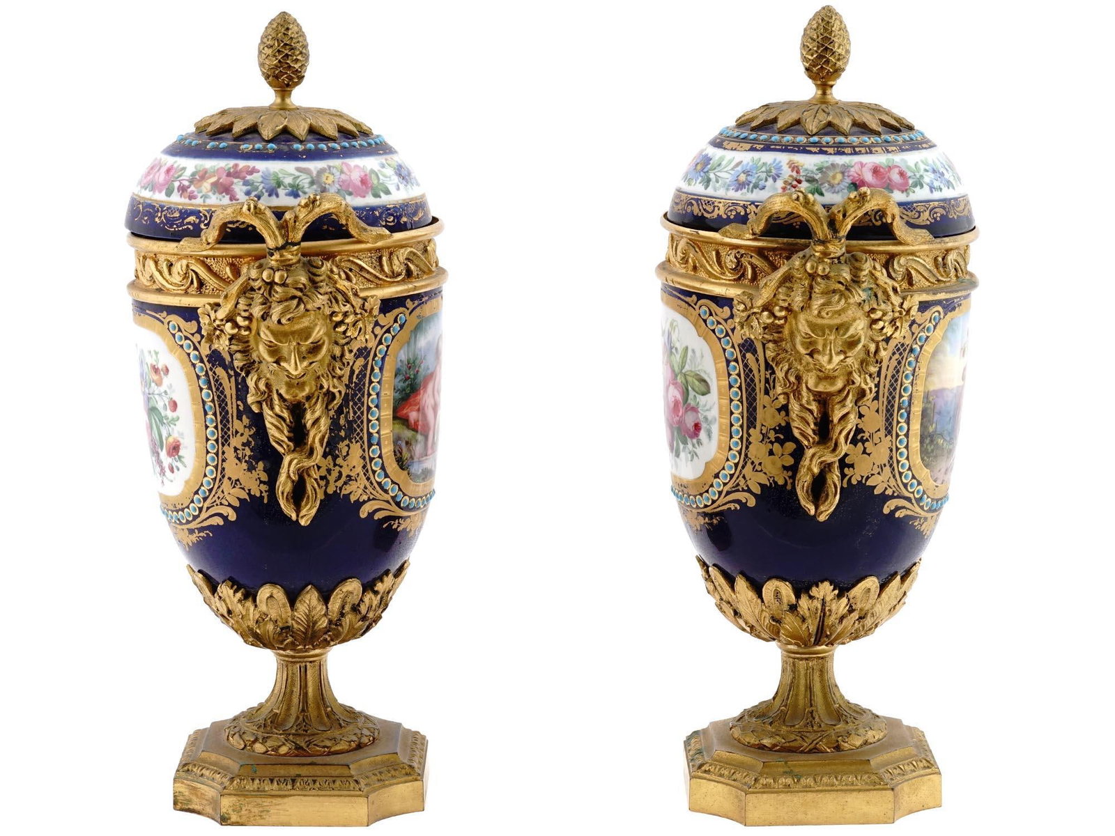 1880s French Sevres Style Blue Ormolu Porcelain Urns-Pair - 5