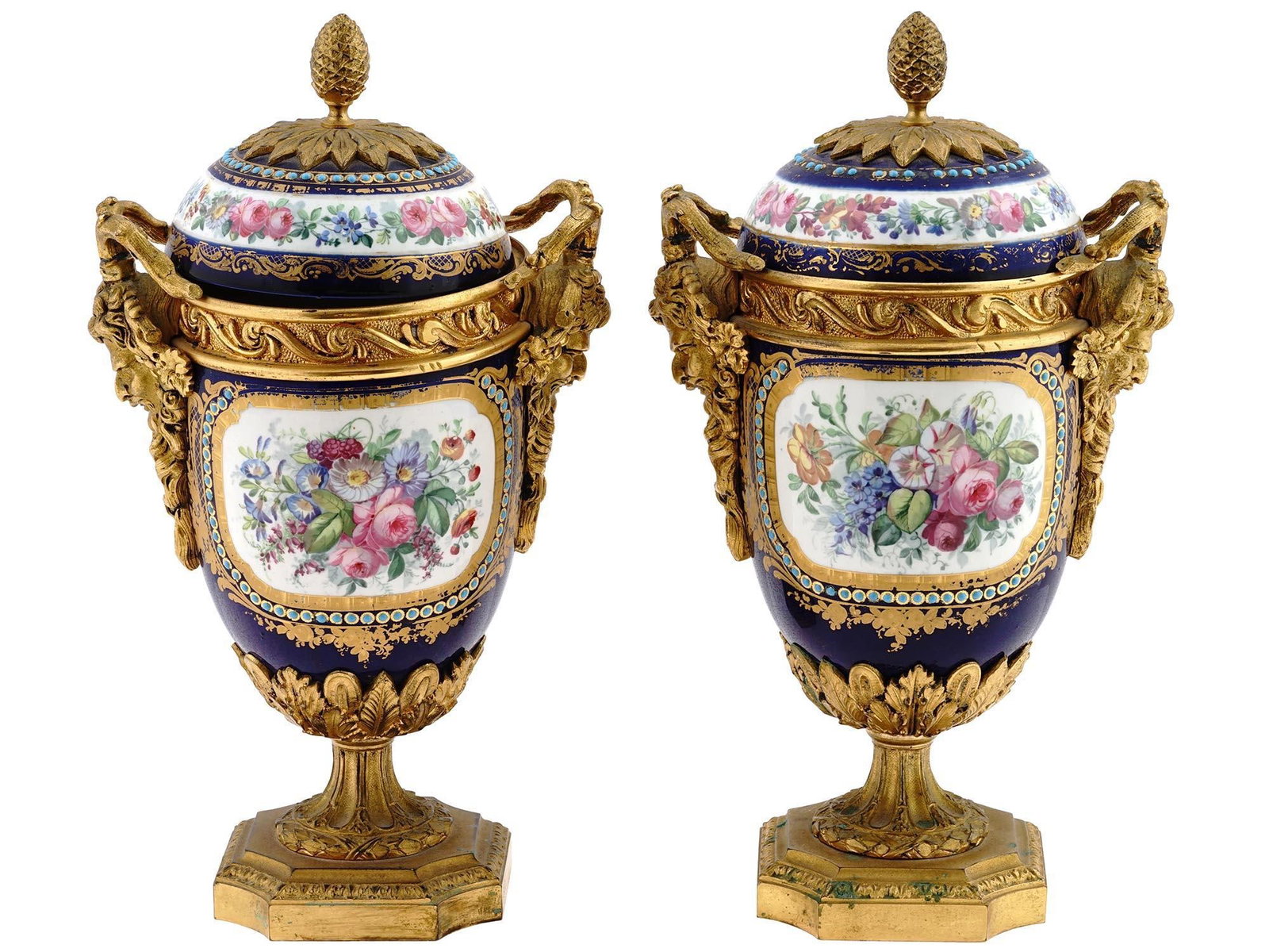 1880s French Sevres Style Blue Ormolu Porcelain Urns-Pair - 6