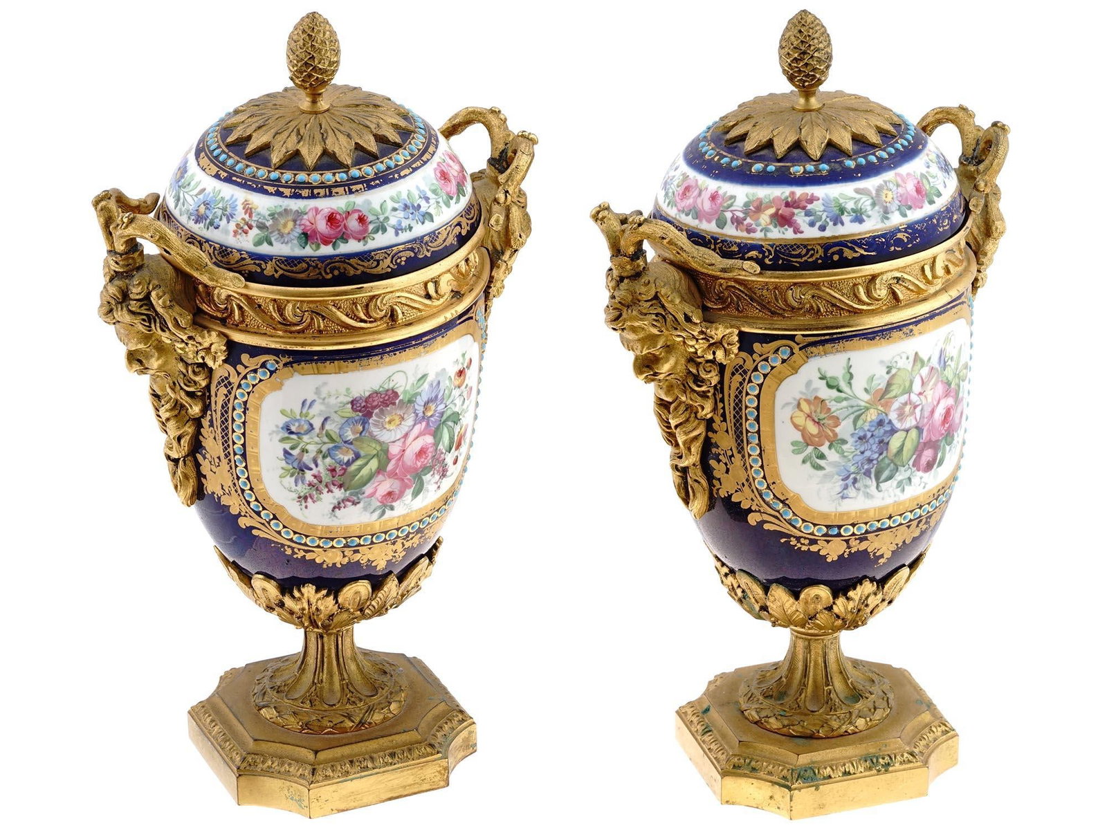 1880s French Sevres Style Blue Ormolu Porcelain Urns-Pair - 7