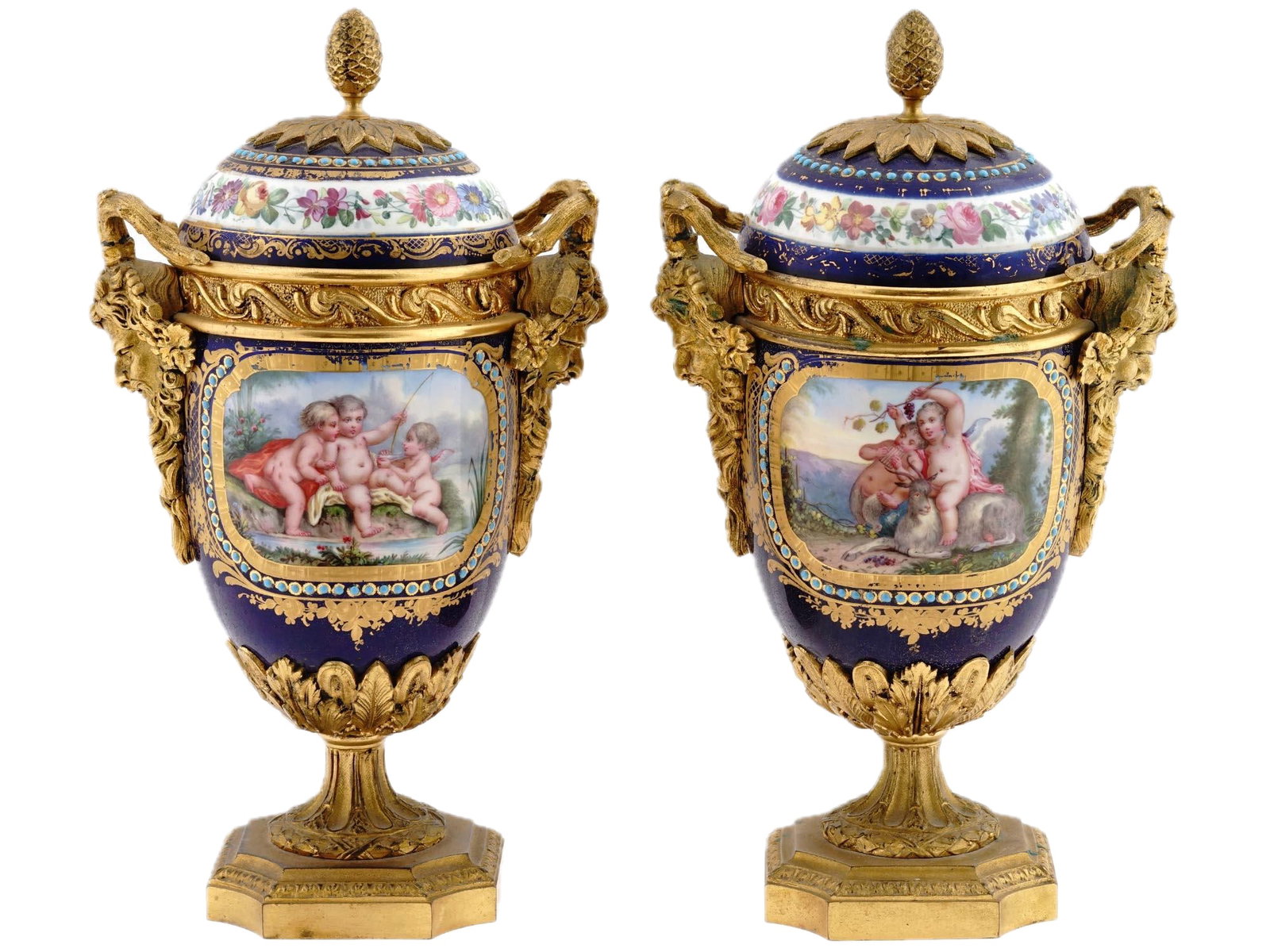 1880s French Sevres Style Blue Ormolu Porcelain Urns-Pair - 8