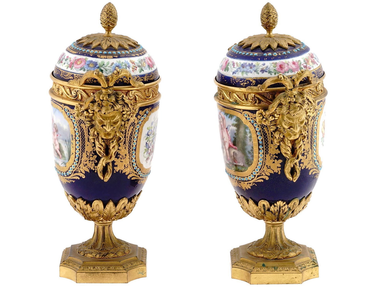 1880s French Sevres Style Blue Ormolu Porcelain Urns-Pair - 9