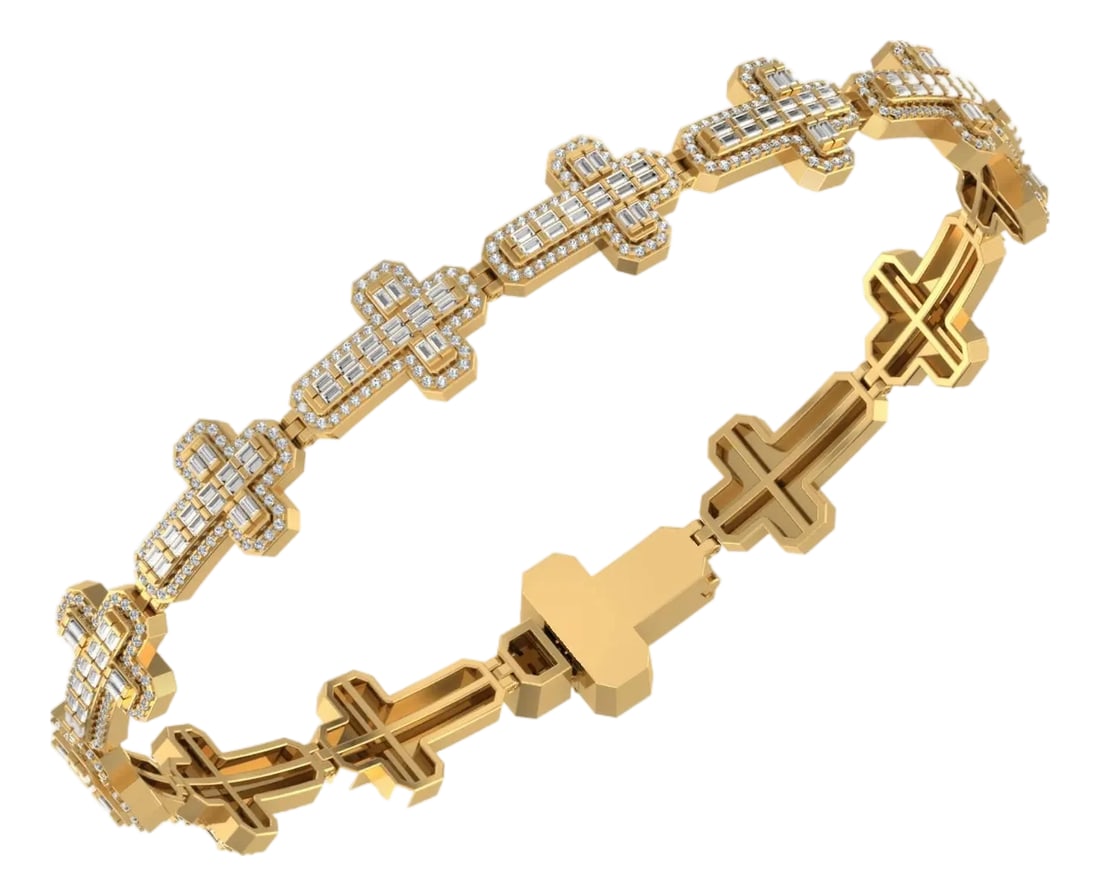 10k Yellow Gold Round Baguette Diamond Cross Religious 8 Inch Bracelet 2 CTTW: Don't miss your chance to bid on this bold, luxury 10K yellow gold cross link bracelet "” a truly head-turning piece featuring alternating diamond-set and solid gold cross links, loaded with 2