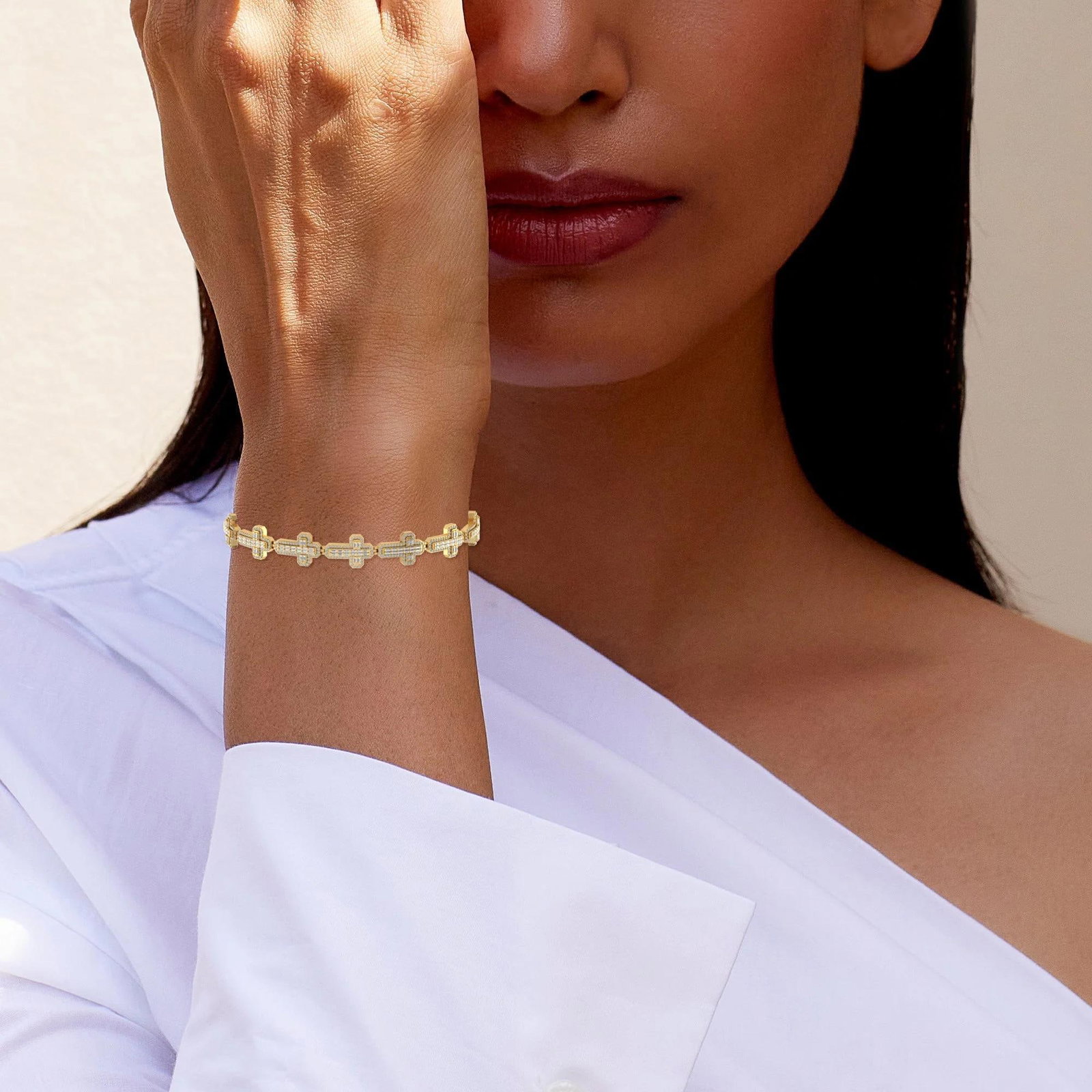 10k Yellow Gold Round Baguette Diamond Cross Religious 8 Inch Bracelet 2 CTTW - 2