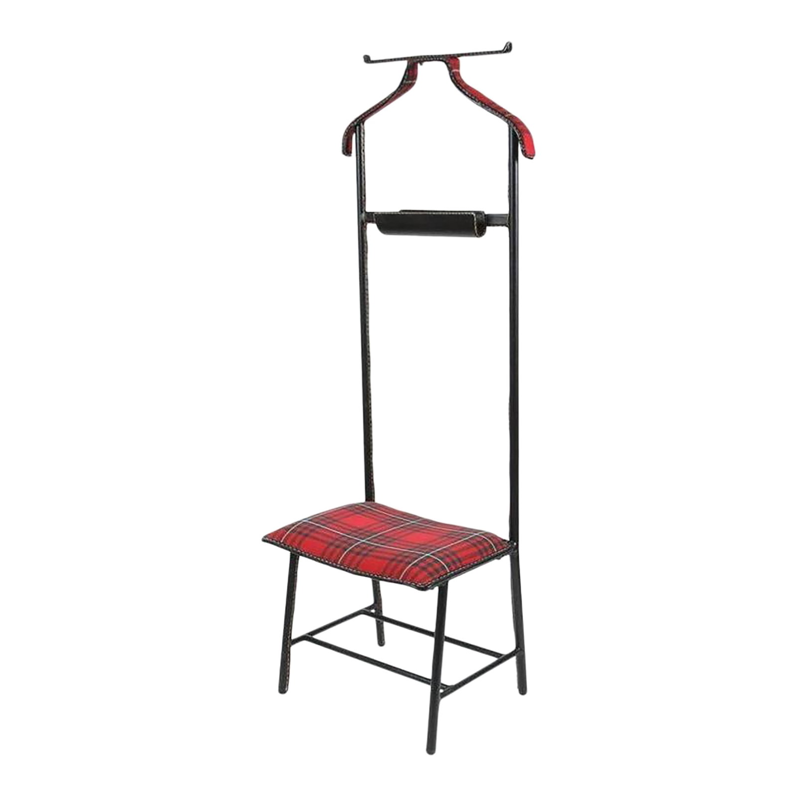 Jacques Adnet Valet Leather Wrapped With Original Tartan Plaid: Rare Jacques Adnet for Hermes valet de nuit and seat with leather wrapped hand-stitched in Hermès saddle style and original tartan plaid wool upholstery. Jacques Adnet Valet in red tartan plaid