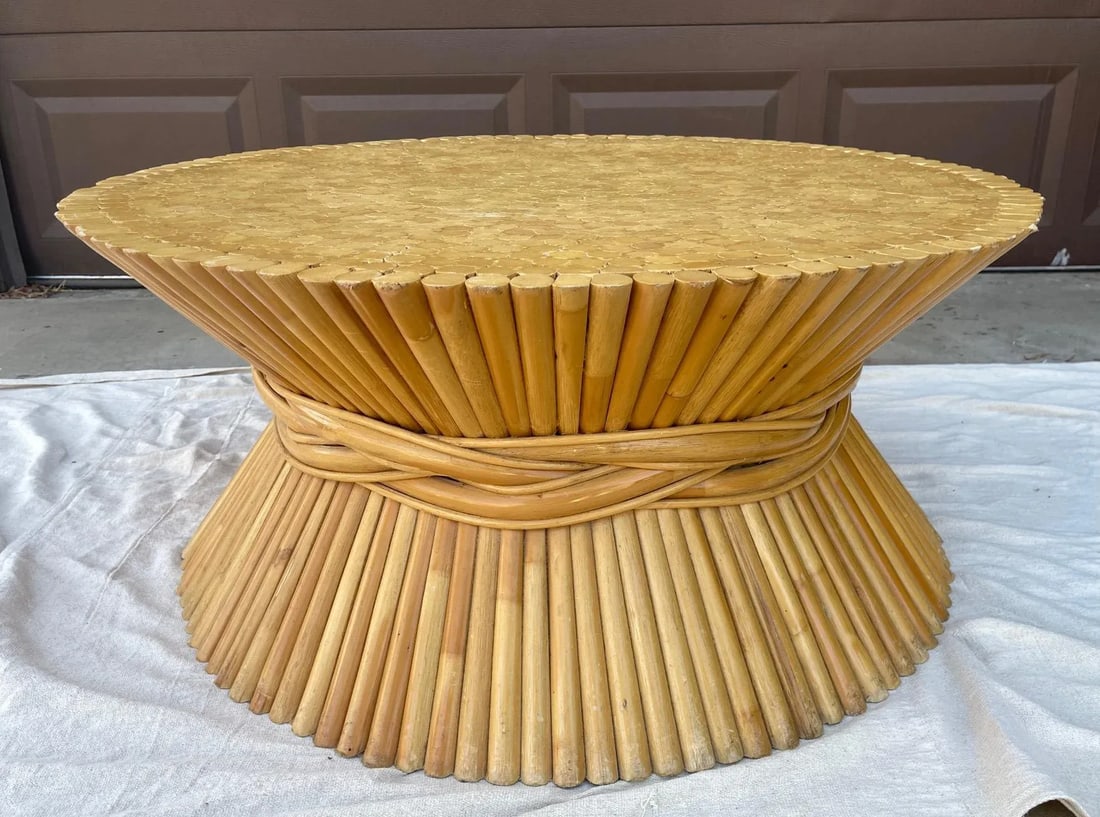 Vintage Kreiss Collection Sheaf of Wheat Rattan Coffee Table - 3