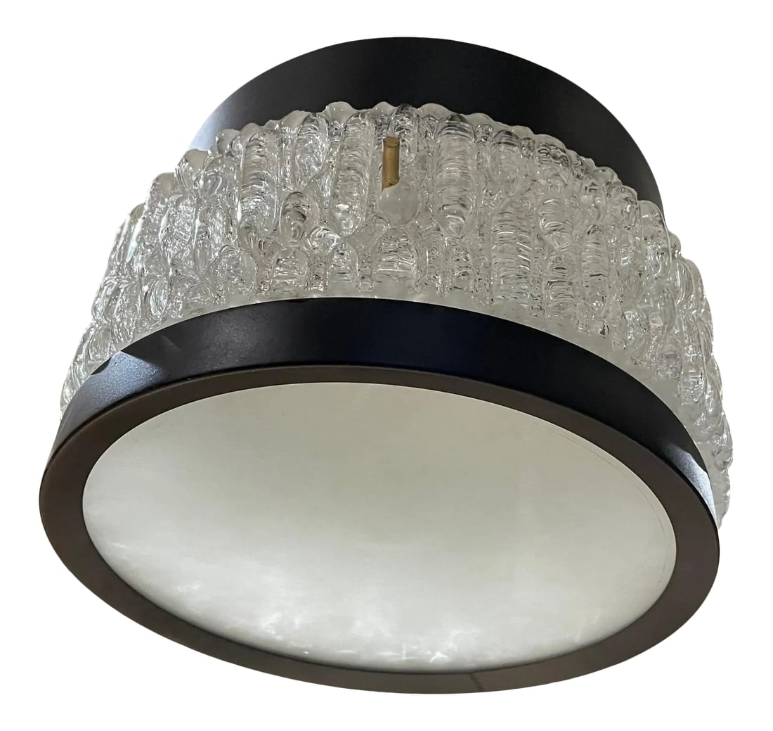 1950s Maison Arlus Modernist French Black Crystal Chandelier, France: For your consideration a French crystal (plexiglass with texture) chandelier modernist France circa 1950s, attributed to Maison Arlus. No label present. Crafted of painted aluminum, brass with